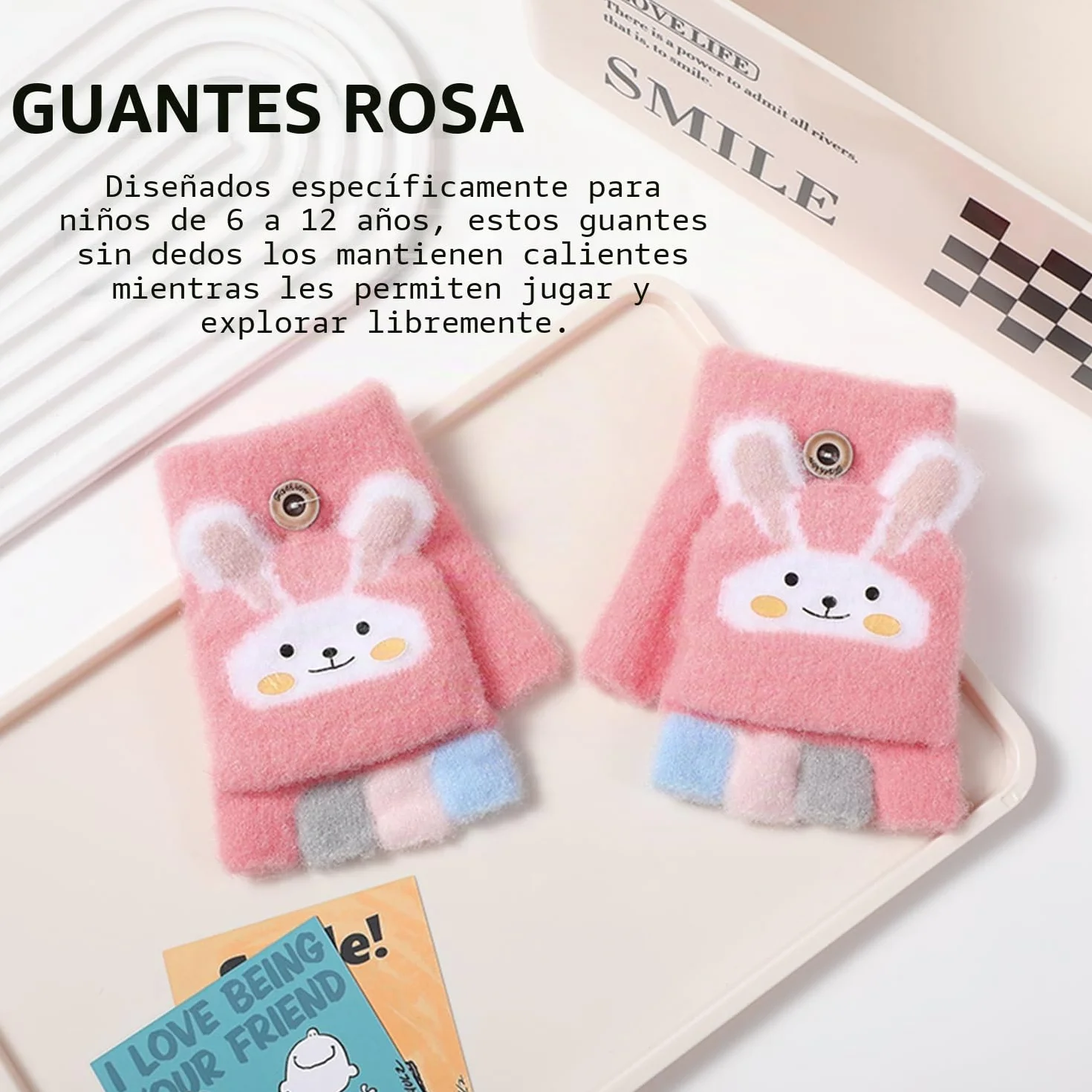 1 par de guantes de conejo para niños, guantes sin dedos, guantes rosas, guantes de dibujos animados para niñas, guantes acolchados cálidos, adecuados para el invierno