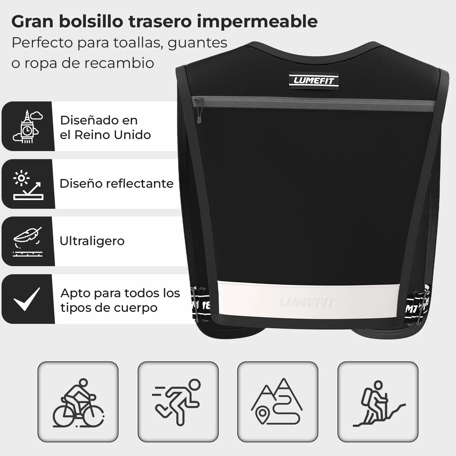LUMEFIT Chaleco Running Mochila Hidratacion Trail Running con Soporte para Teléfono - 6 Bolsillos y Botella 500ml, Reflectante - Ideal para Senderismo, Maratón, Escalada - para Hombres y Mujeres