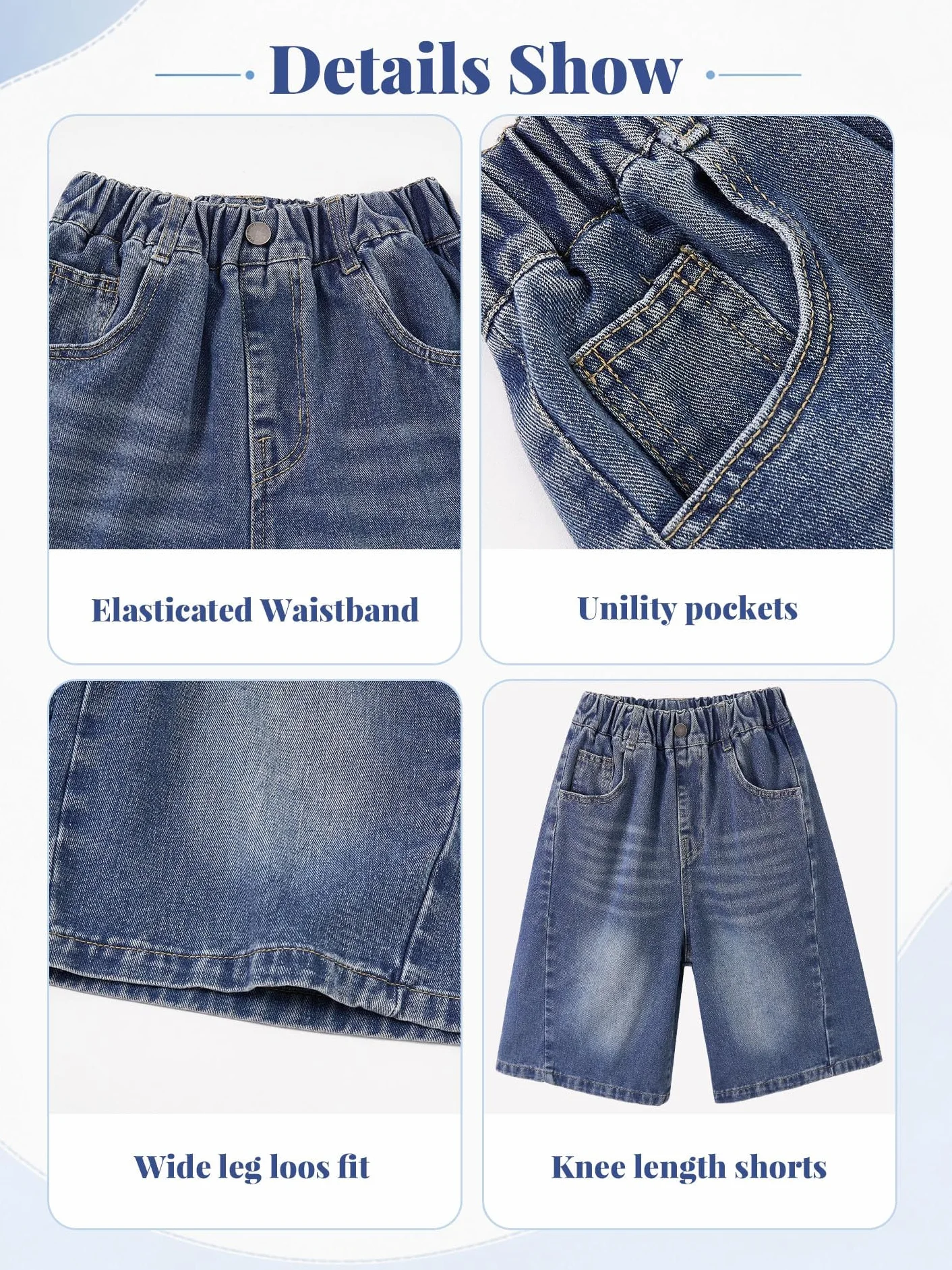 Rolanko Pantalones Cortos Vaqueros para Niñas, Cintura Elástica Bermudas Pierna Ancha Pantalones Cortos de Verano hasta La Rodilla