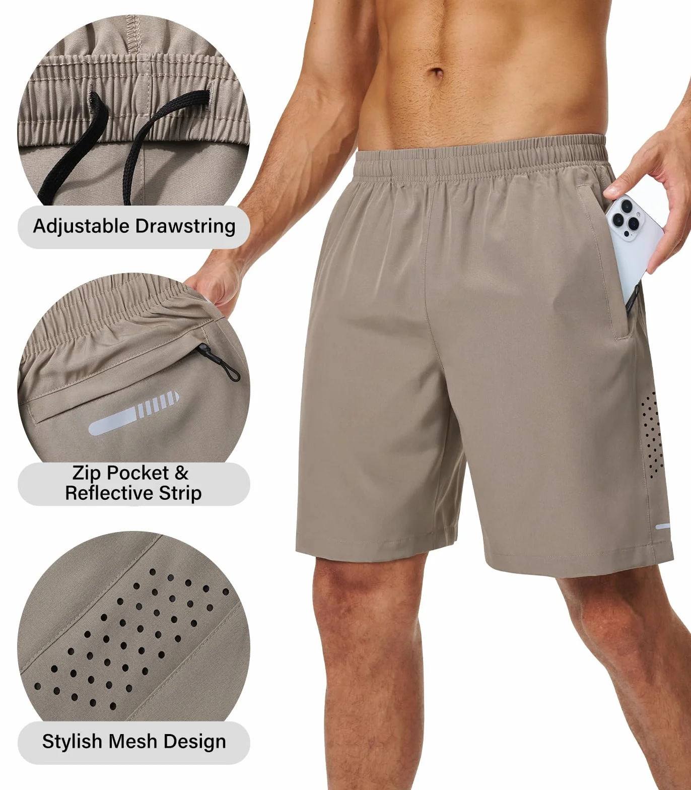 Pantalón Corto para Hombre Pantalones Cortos Deportivos Transpirable Secado Rapido para Running Gym Avec Poches Zippées
