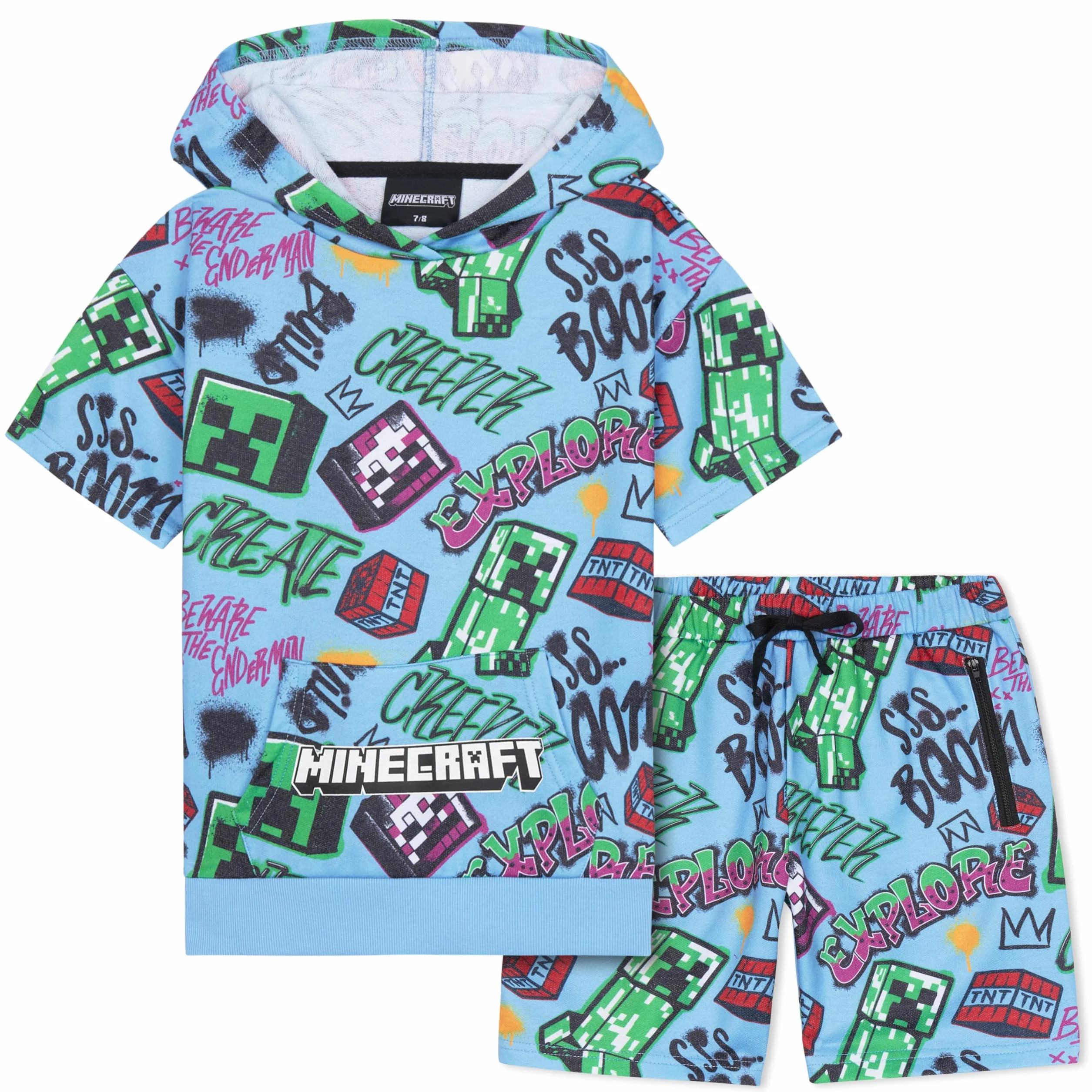 Minecraft Conjunto de 2 piezas de sudadera con capucha y pantalones cortos para niños y adolescentes, de manga corta, con capucha, bolsillos con cremallera, ropa deportiva casual