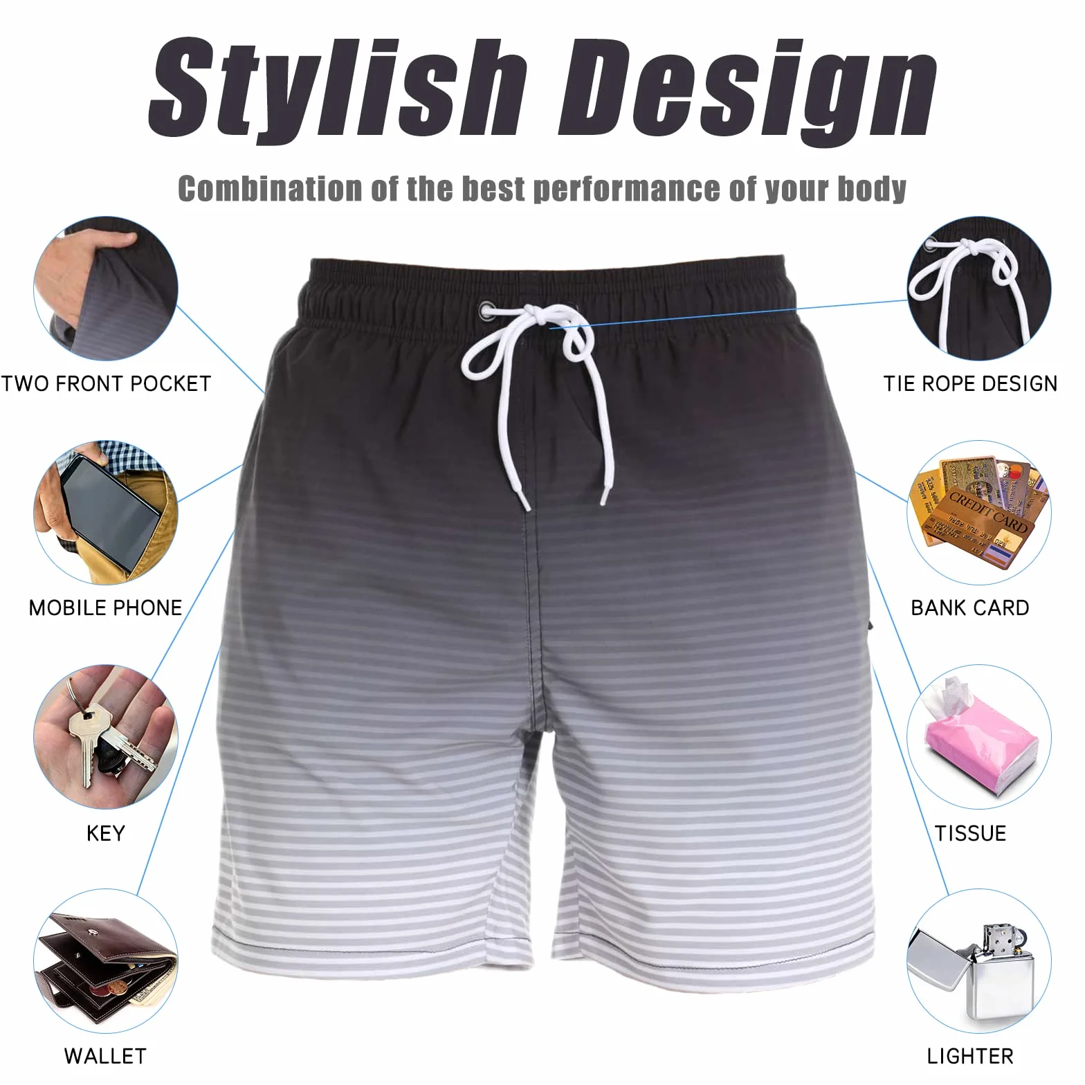 Bañador Hombre Shorts de Baño 2 en 1 con Forro de Compresión Pantalones Cortos de Natación Elásticos de Secado Rápido Shorts de Playa con 2 Bolsillos con Cremallera