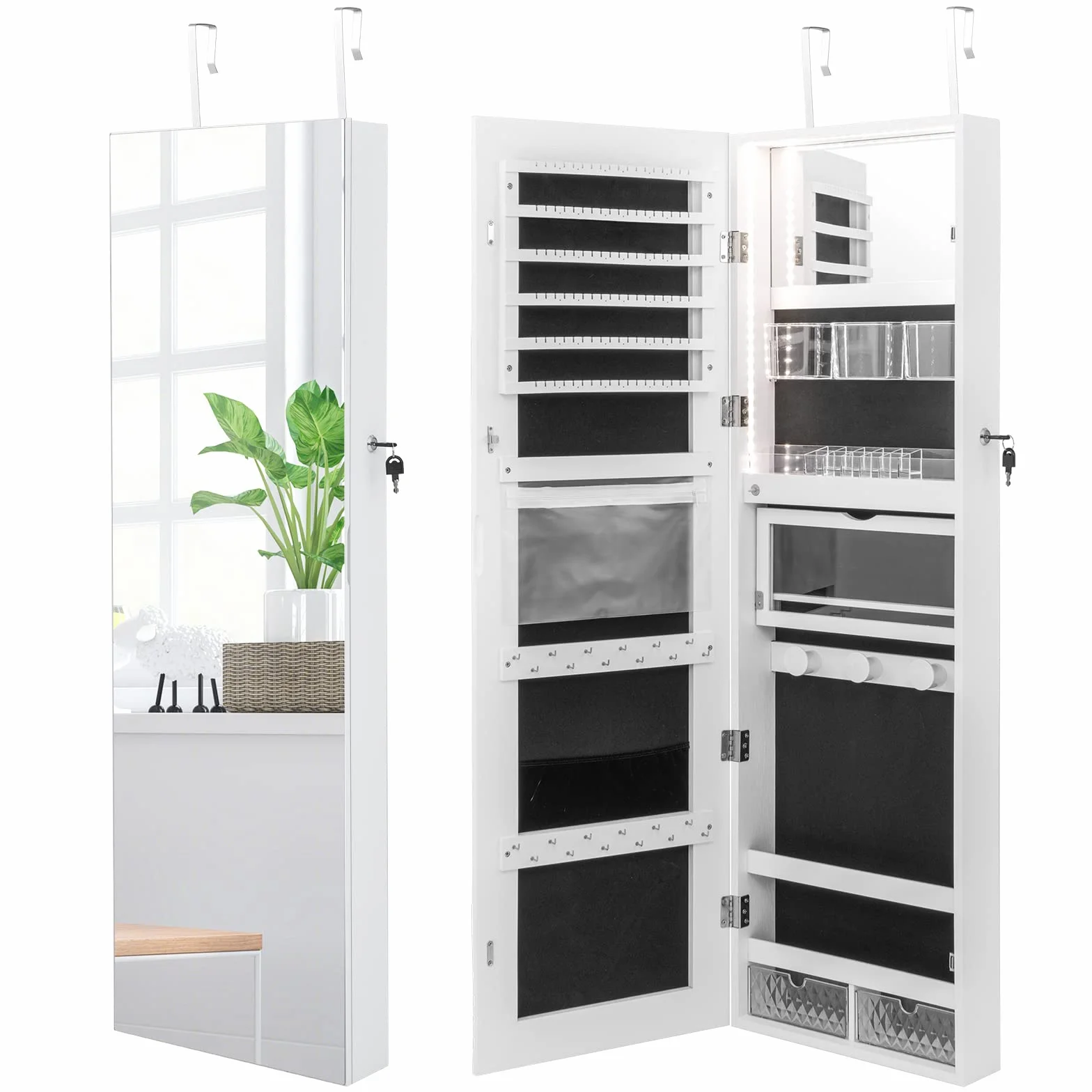 COSTWAY Armario Joyero con Espejo de Puerta para Joyas con Cerradura y Luces de 3 Colores - Espejo Interior con Estante Plegable y Cajas de Almacenamiento de Plástico (Blanco)