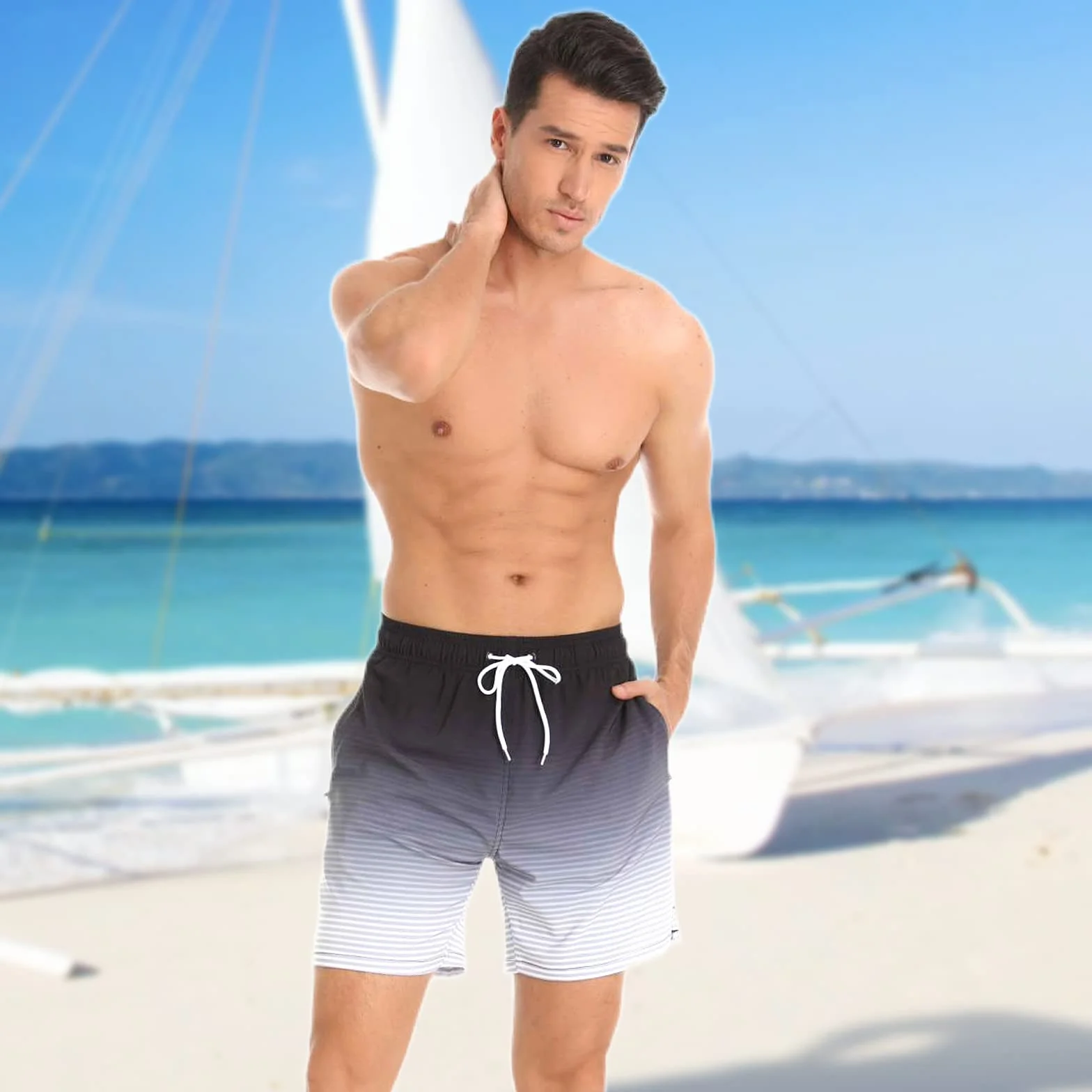 Bañador Hombre Shorts de Baño 2 en 1 con Forro de Compresión Pantalones Cortos de Natación Elásticos de Secado Rápido Shorts de Playa con 2 Bolsillos con Cremallera