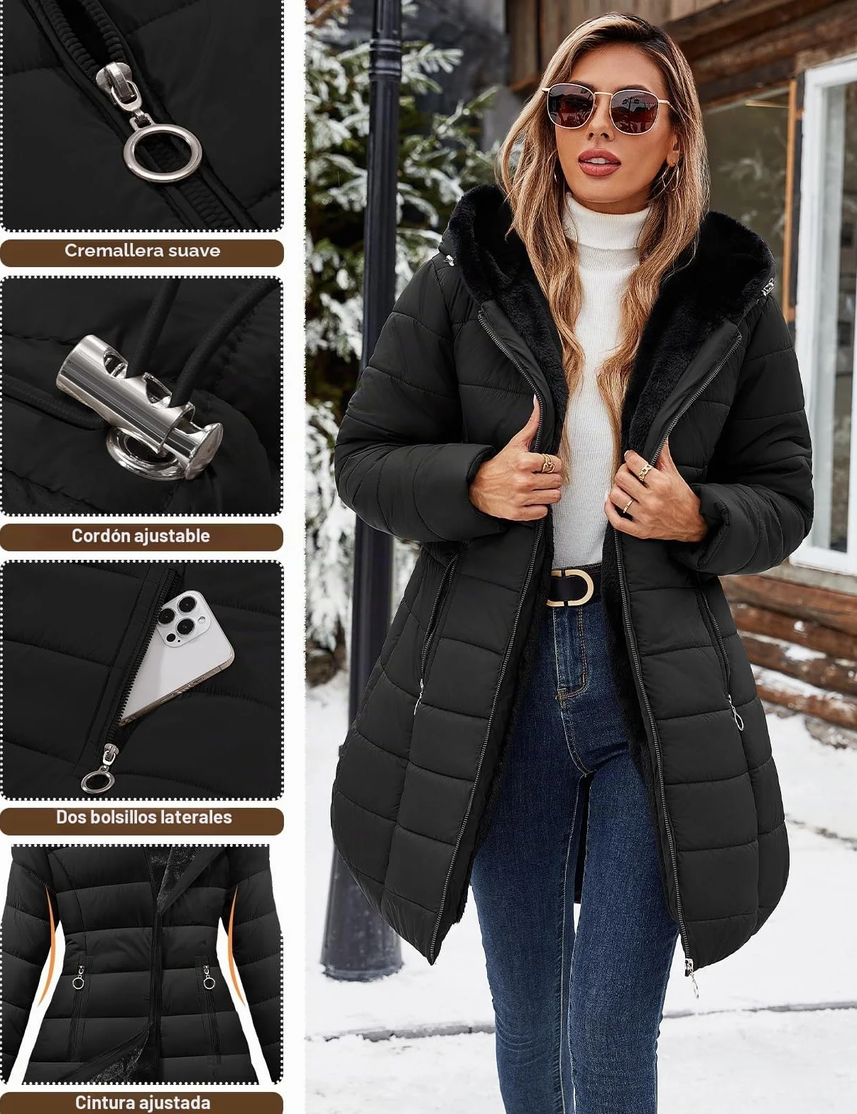 Yuson Girl Abrigo Parka Mujer Largo con Capucha Invierno Forro Polar Sherpa Chaqueta para Mujer Gruesa Abrigos de Piel Cremallera Cálido Jacket Resistente Agua Coat con Bolsillos