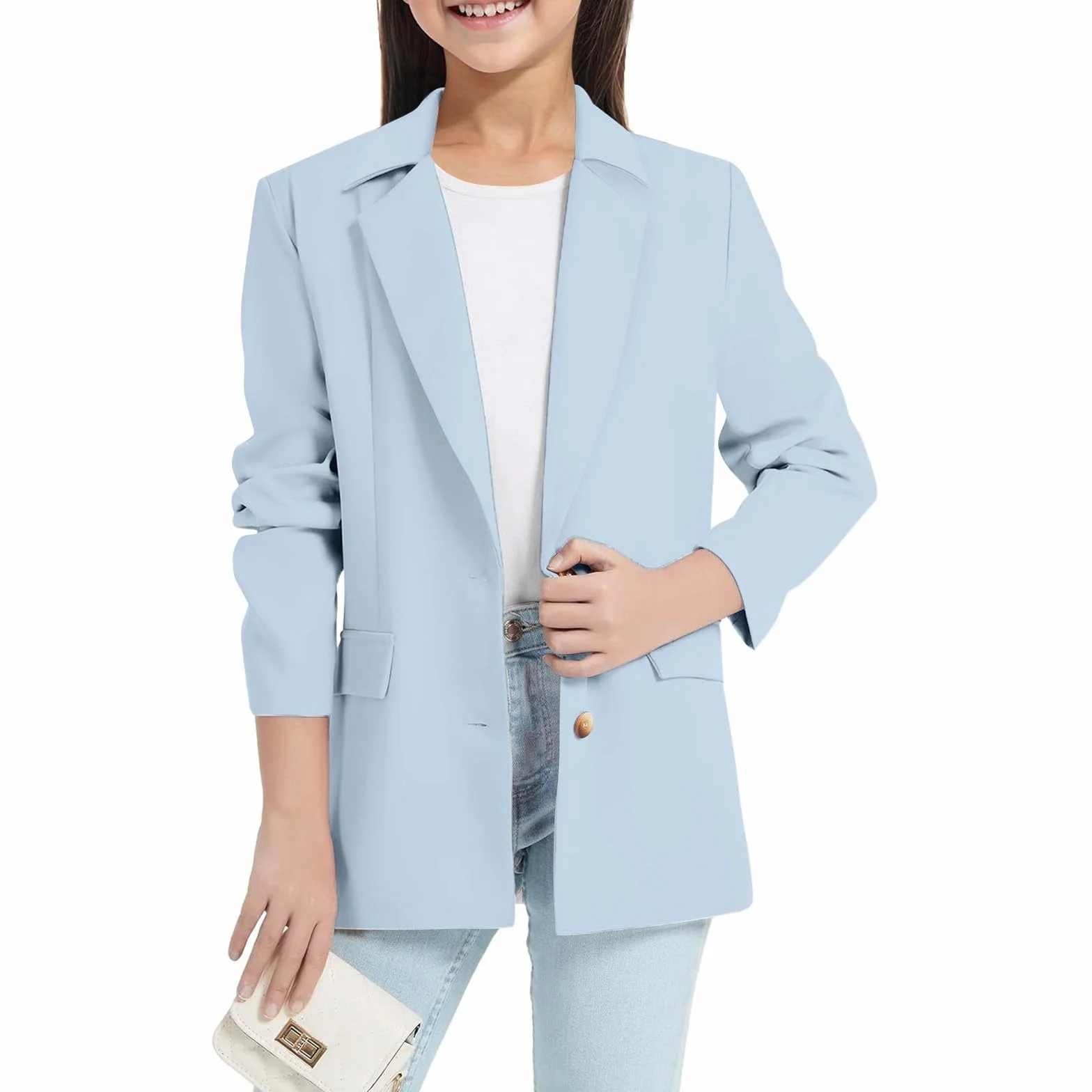 Blazer - Chaqueta de traje para niña, color liso, chaqueta de ocio, manga larga, con doble bolsillo lateral, cuello de solapa, chaqueta de traje, moda con frente abierto, traje formal para niños de 3