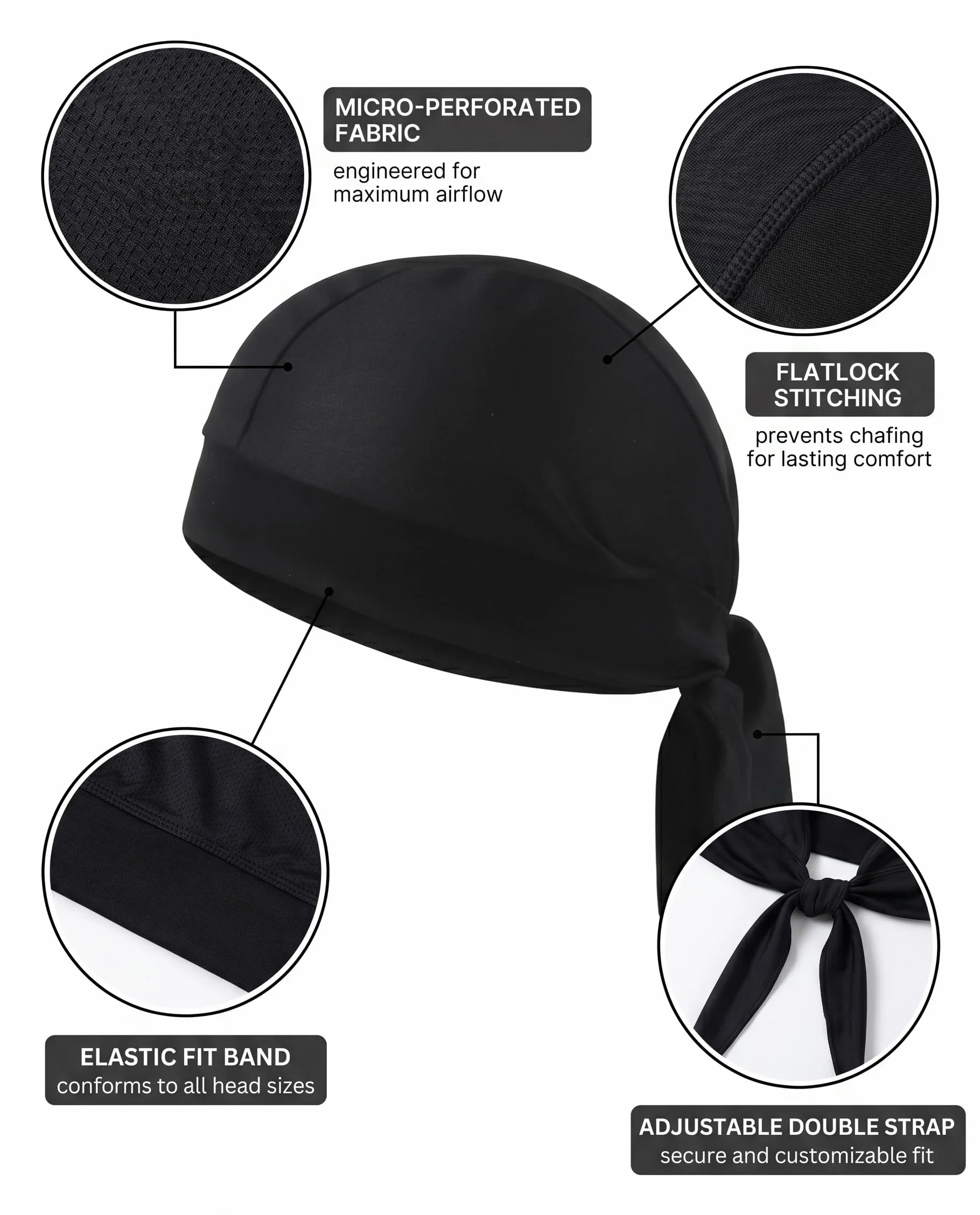 Gorro Bandana Ciclismo Negro Hombre Mujer, Bandana Hombre, Pañuelo para la Cabeza, Pañuelo Cabeza Elástico Transpirable Absorbe Sudor, Protección UV Deporte Moto Casco Running(negro)