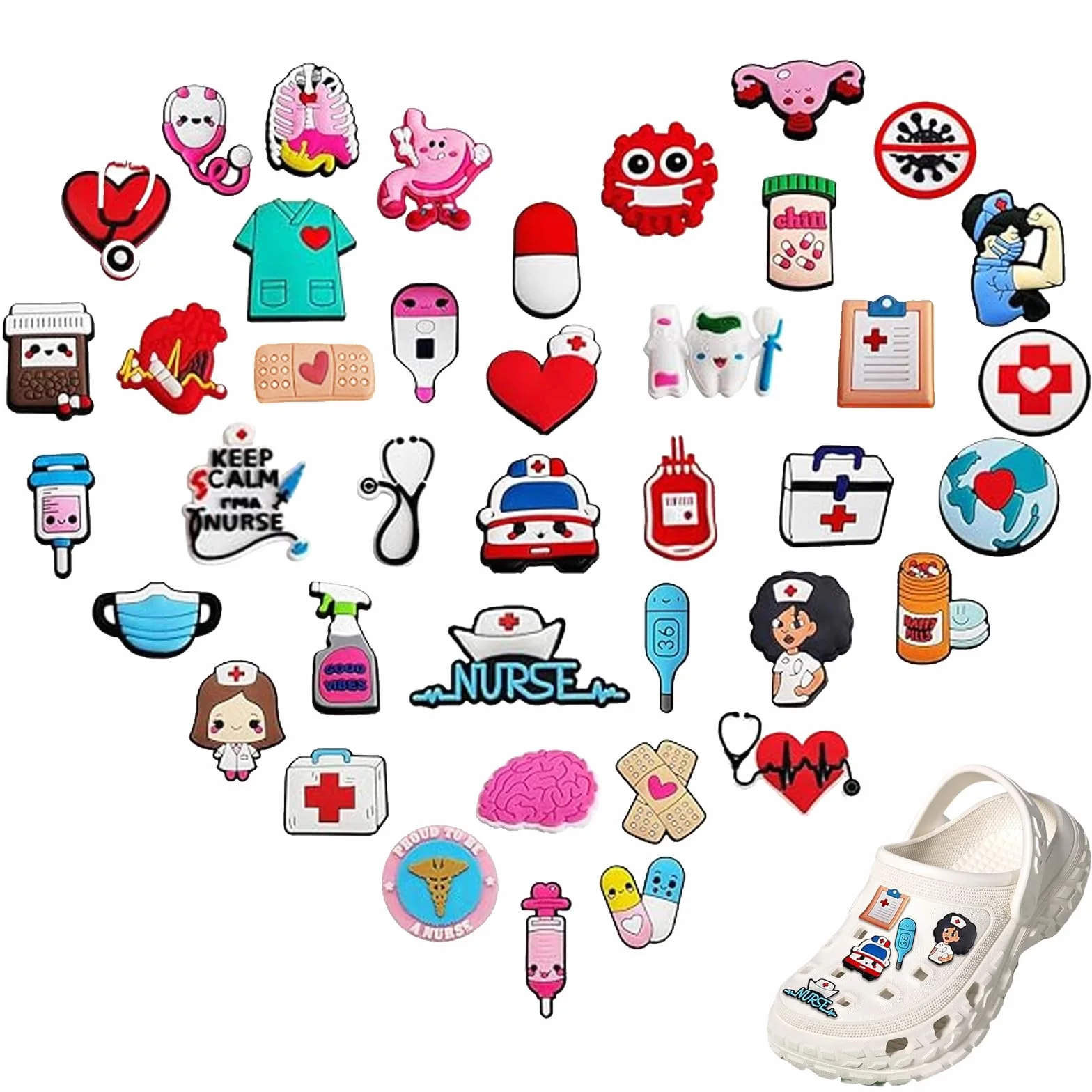 40 PCS Nurse Doctor Accesorios para Crocs Shoes,Medical Care SeriesCrocs Accesorios DIY,zapatos de enfermera, colgantes para adolescentes, mujeres y hombres, Cloruro de