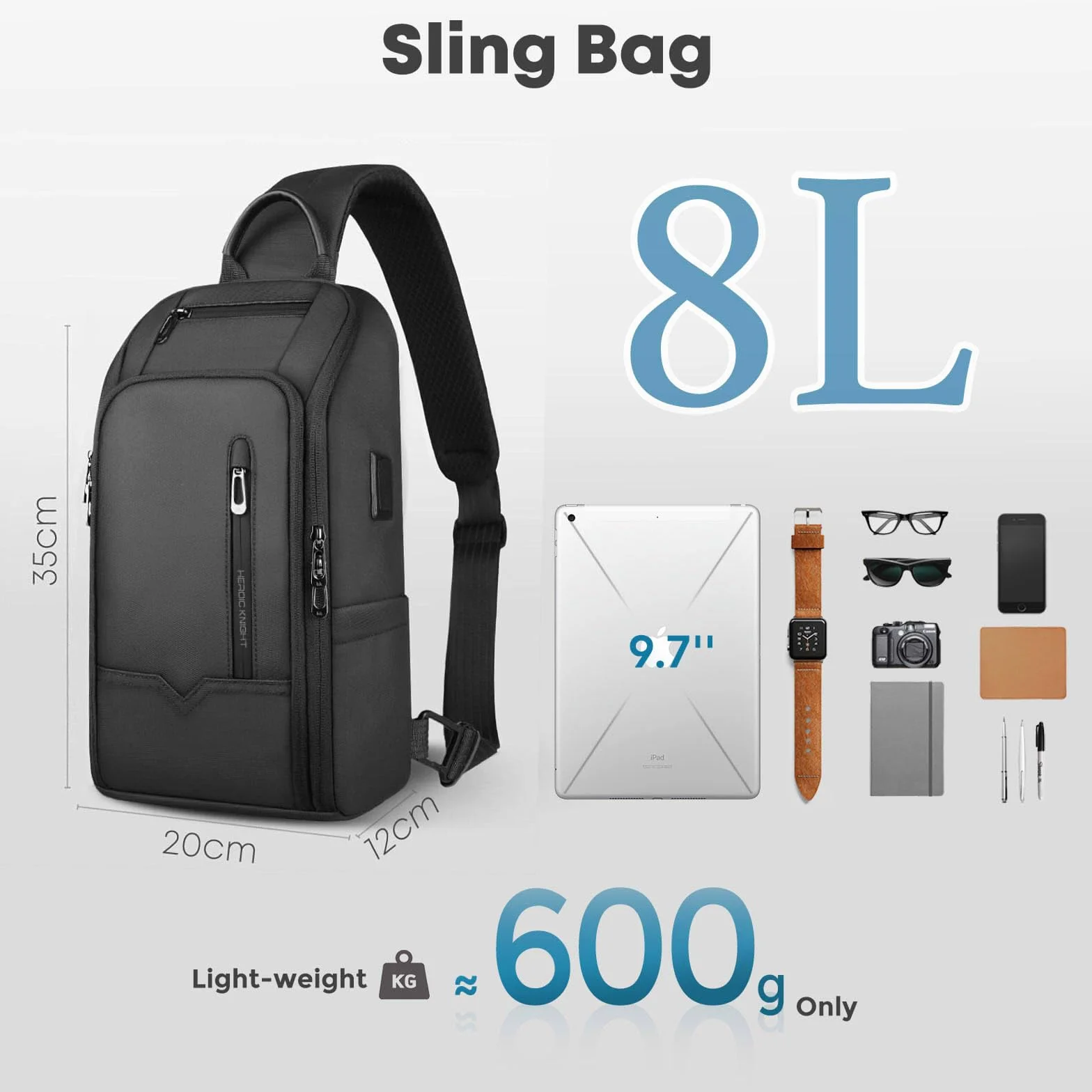 Bolso Bandolera Hombre con Puerto USB, Antirrobo e Impermeable, Bolsa de Pecho Mochila de Hombro Cruzada con Múltiples Bolsillos para Viaje Trabajo y Uso Diario – Negro