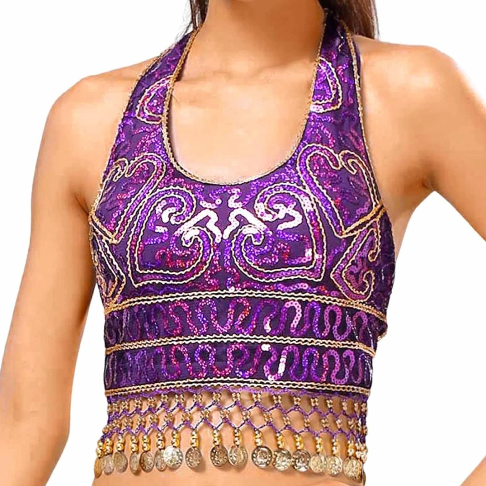 Generisch Top sin mangas para mujer, con lentejuelas, para danza del vientre, top de tirantes