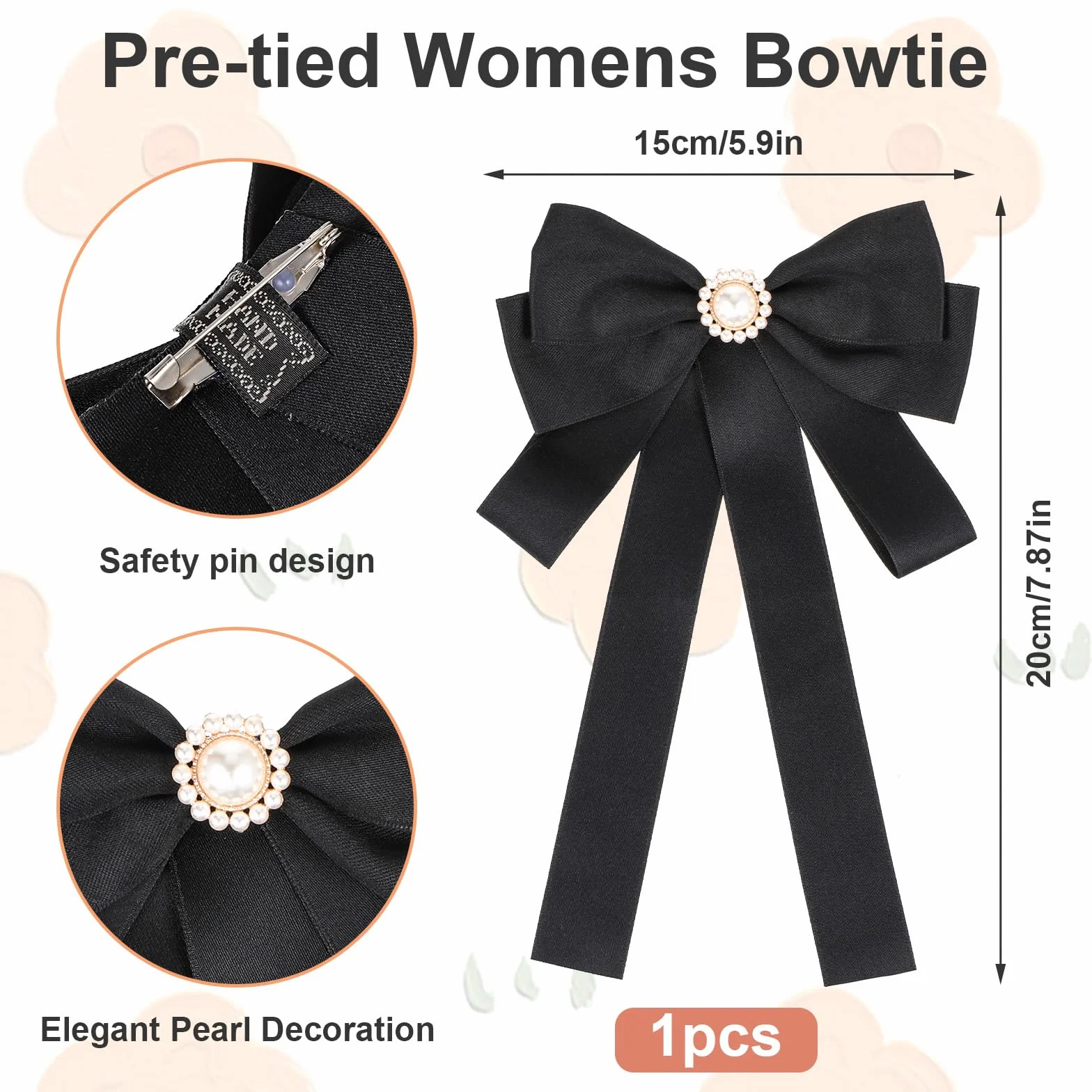 Pajarita preatada negra para mujer, pajarita con perla, elegante broche de lazo, corbata para mujer, para uniforme escolar, camiseta de fiesta, accesorios de fiesta