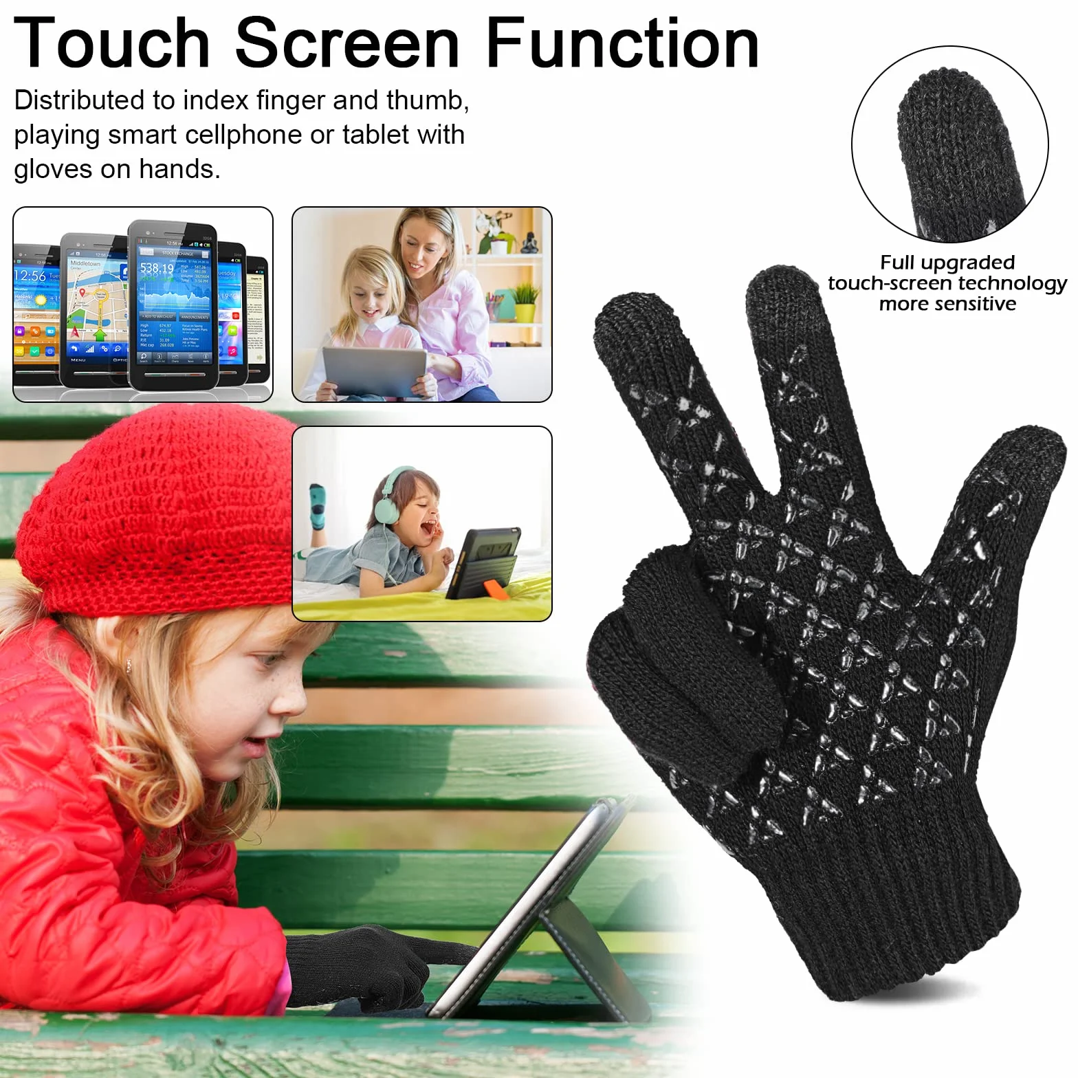 3 Pares de Guantes Cálidos de Invierno para Niños, Forro polar Térmico Elástico para Pantalla Táctil Guantes de Punto con Dedos Completos Mitones, para Niños de 4 a 8 años Niñas y Niños