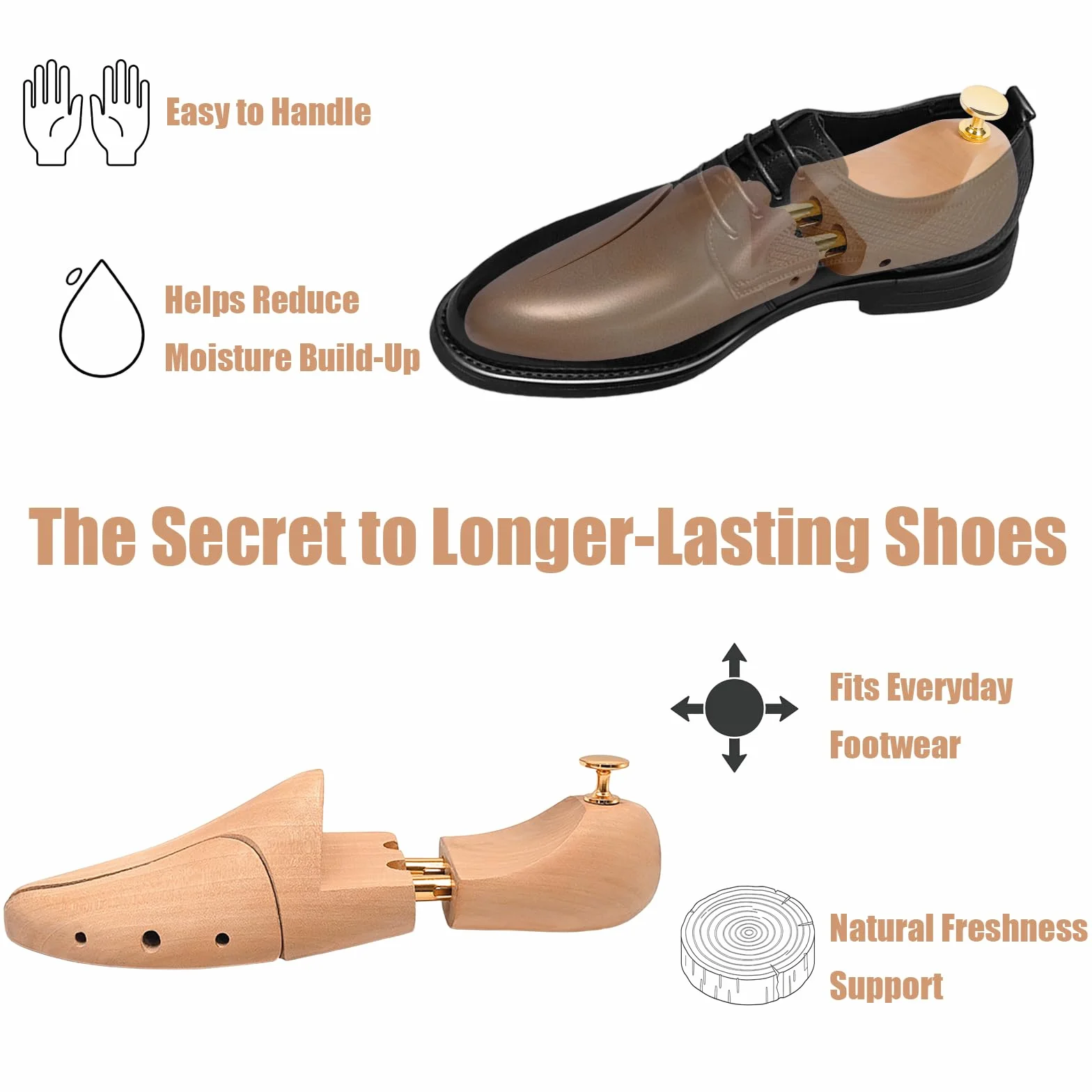 Hormas para Zapatos de Madera Hombre Mujer, Horma Zapatos Ajustable Ensanchador y Moldeador de Calzado, Shoe Tree de Cedro con Calzador, Mantiene Forma del Zapato, 1 Par, 41-42