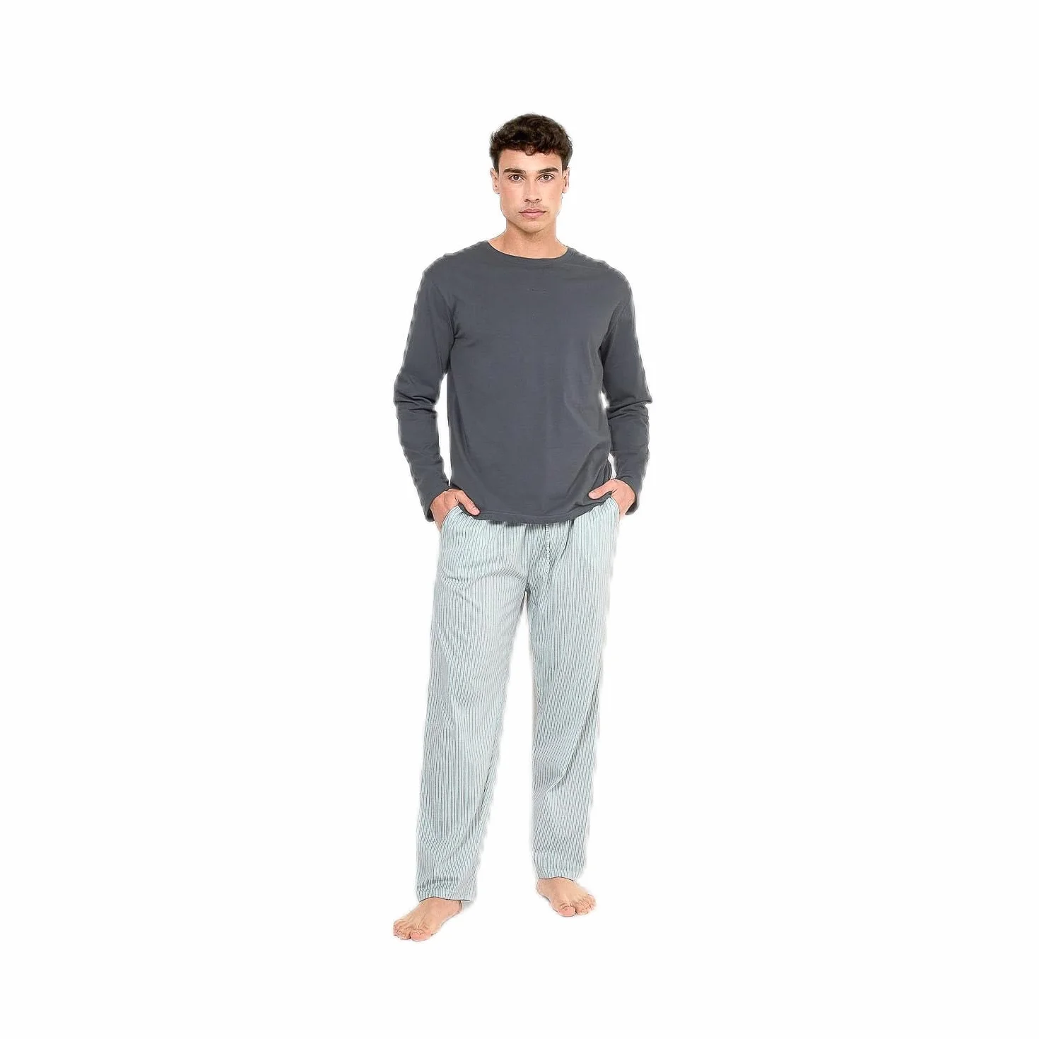 TRAMAS+ Pijama de Hombre Largo,100% Algodón, con Manga Larga y Pantalón Largo, Conjunto de Ropa para Dormir Entretiempo