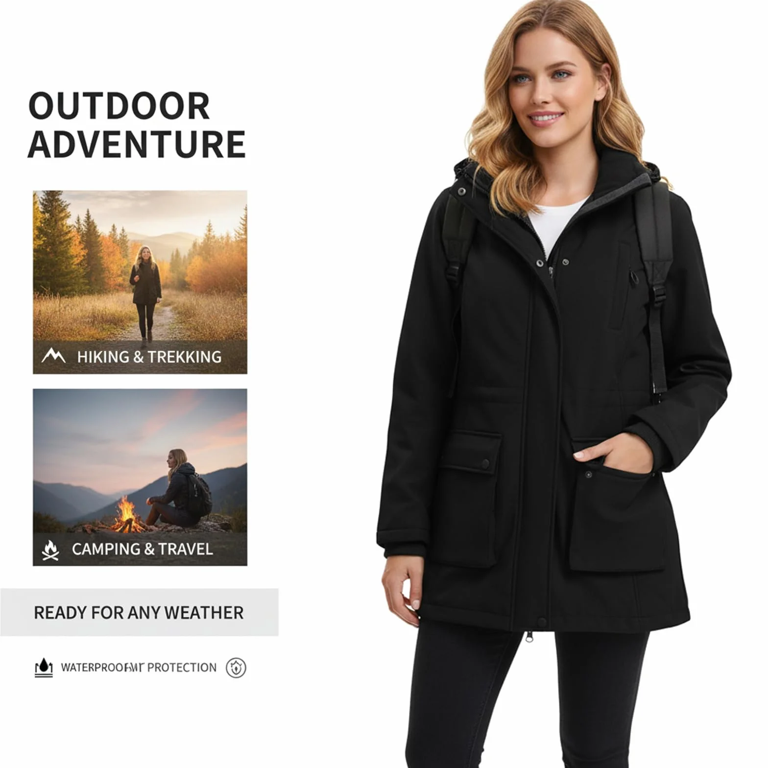 Chaqueta Impermeable Mujer Chaquetas Entretiempo Soft shell largas Abrigo Exteriores Capucha Cortavientos