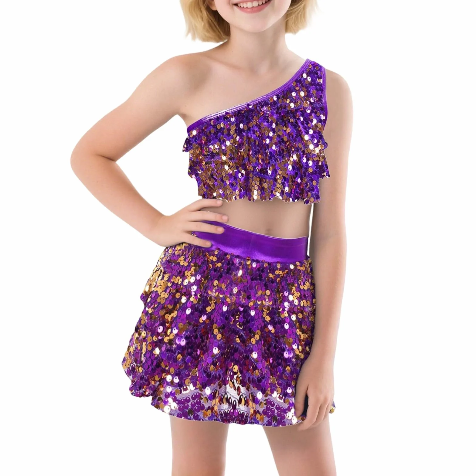 Traje de baile para niña, dos piezas, con lentejuelas, elástico, ajuste cómodo, falda superior para fiestas de baile