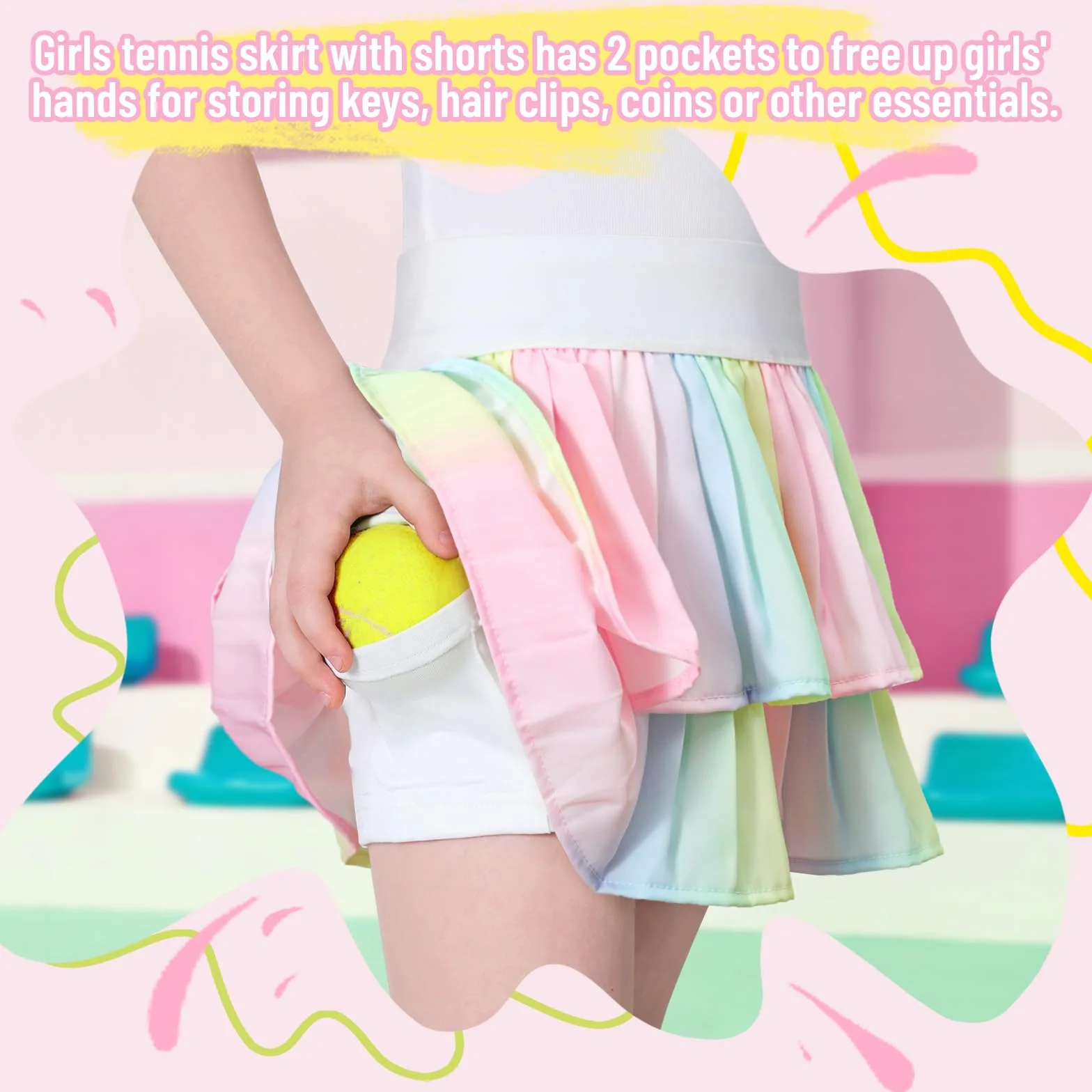 Falda de tenis para niñas con pantalones cortos, falda atlética plisada con bolsillos, cintura alta, falda de animadora para niños, Arco iris, 5-7 Años