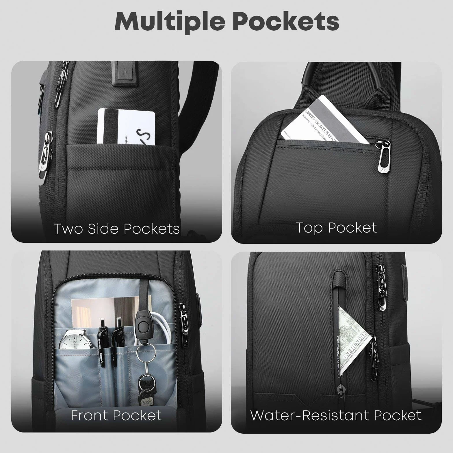 Bolso Bandolera Hombre con Puerto USB, Antirrobo e Impermeable, Bolsa de Pecho Mochila de Hombro Cruzada con Múltiples Bolsillos para Viaje Trabajo y Uso Diario – Negro