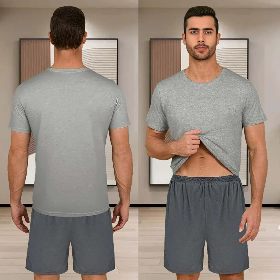 DiULi Pijama Hombre Verano, Conjunto de Pijama con Bolsillos, Suave y Cómodo, Hombre a Cuadros Ropa de Dormir, Cuello Redondo, Conjunto de Piyama Verano Incluir Pantalones Cortos a Cuadros
