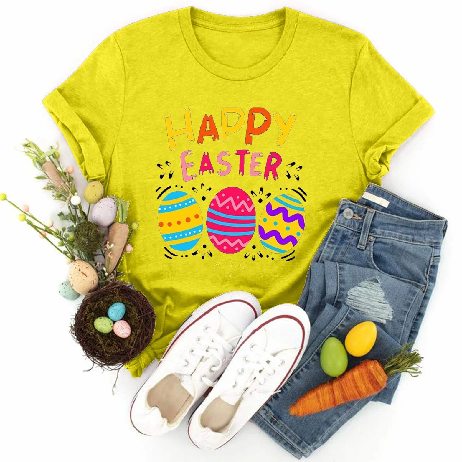 AMDOLE Disfraz de Pascua para adultos, con estampado de huevos de Pascua, cuello redondo, manga corta, camiseta de Pascua para mujer