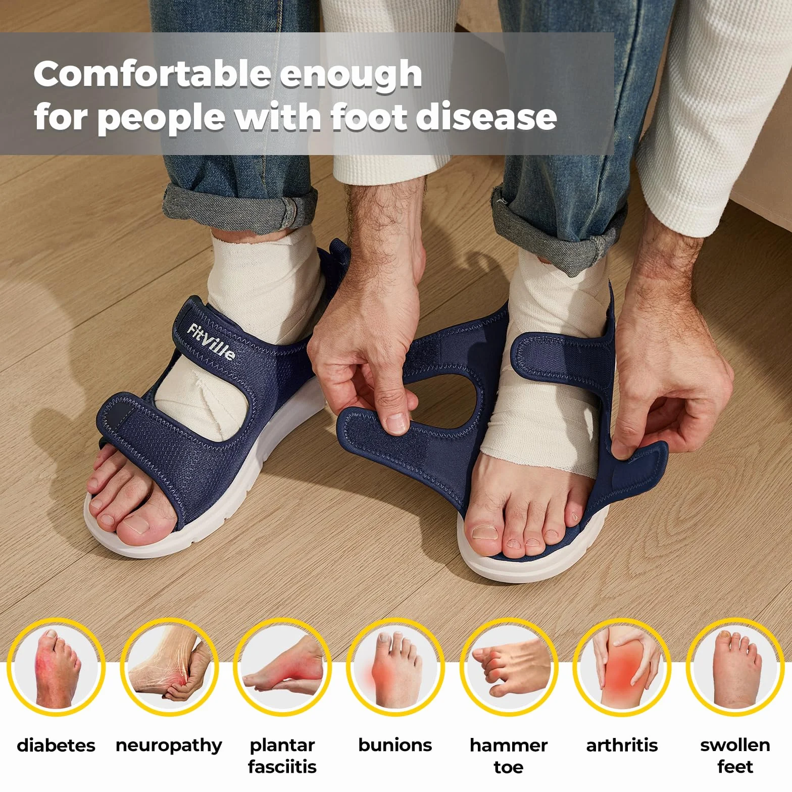 FitVille Sandalias para Diabéticos Hombre Ancho Zapatos Ortopédicos Cierre con Hebilla Sandalias de Rehabilitación con Abertura para Pies Hinchados
