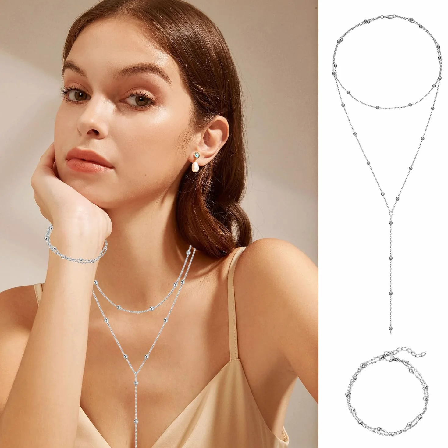 1 Collar De Doble Capa Y 1 Pulsera De Doble Capa, Joyería Moderna Y Sencilla, Joyería Elee Apilable, Accesorios De Vestir, Joyería para Mujer.