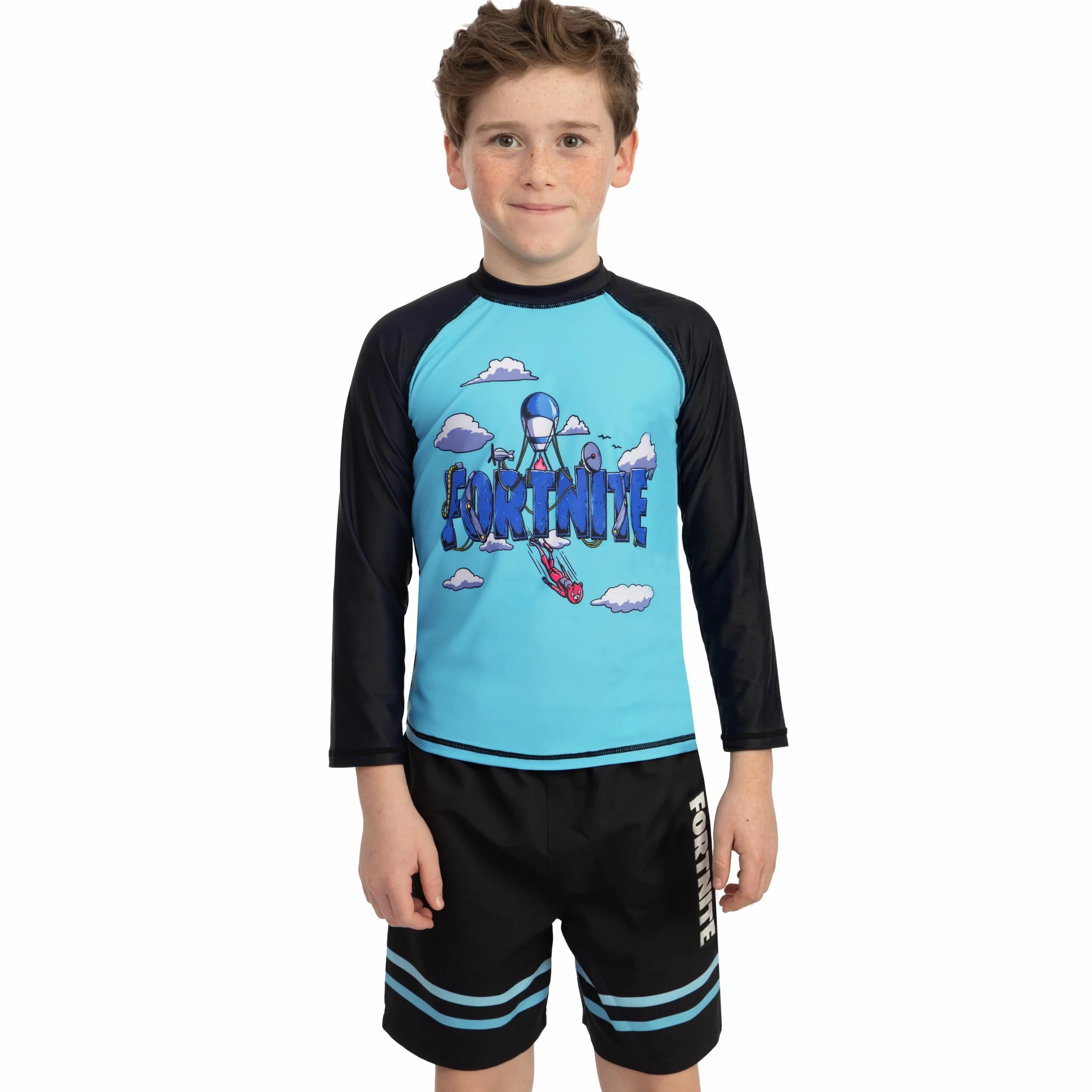 Fortnite Bañador Niño, Conjunto De Baño De Dos Piezas, Bañador Natacion Niño Manga Larga Azul Y Negro