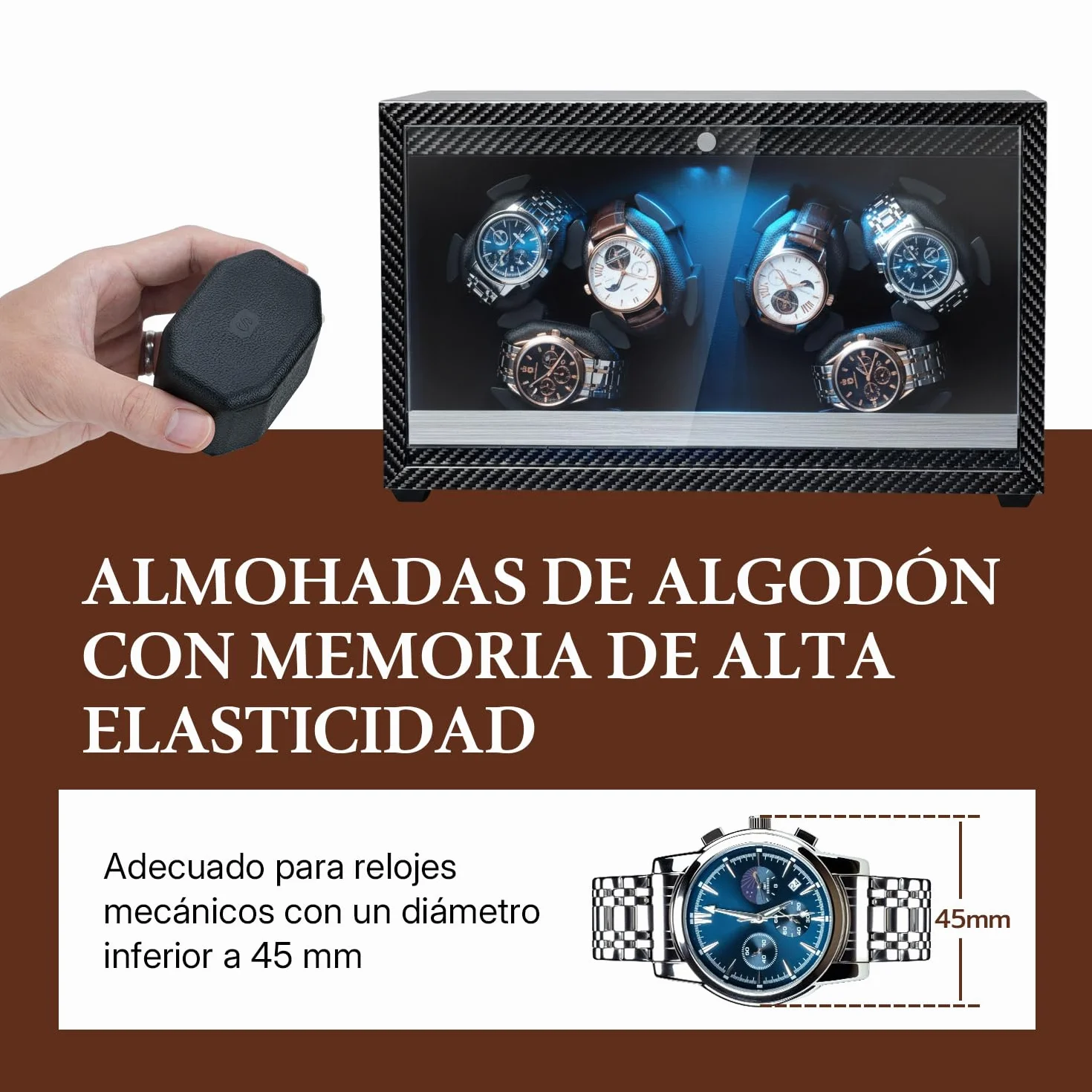 Mcbazel Enrollador Automático de Relojes para 6 Relojes con Luz LED, Motor Ultra-Silencioso Cajas Giratorias 4 Modos de Rotación, Alimentación USB DC Watch Winder de hasta 45 mm