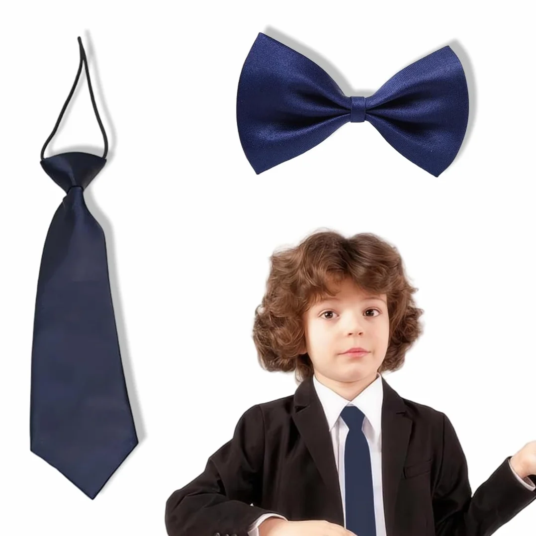 Pajarita Infantil, Corbata para Niños, Pajarita y Corbata Pre-Atada Ajustables de Seda para Graduaciones y Bodas,¡Ideal para cualquier ocasión especial,Azul Marino