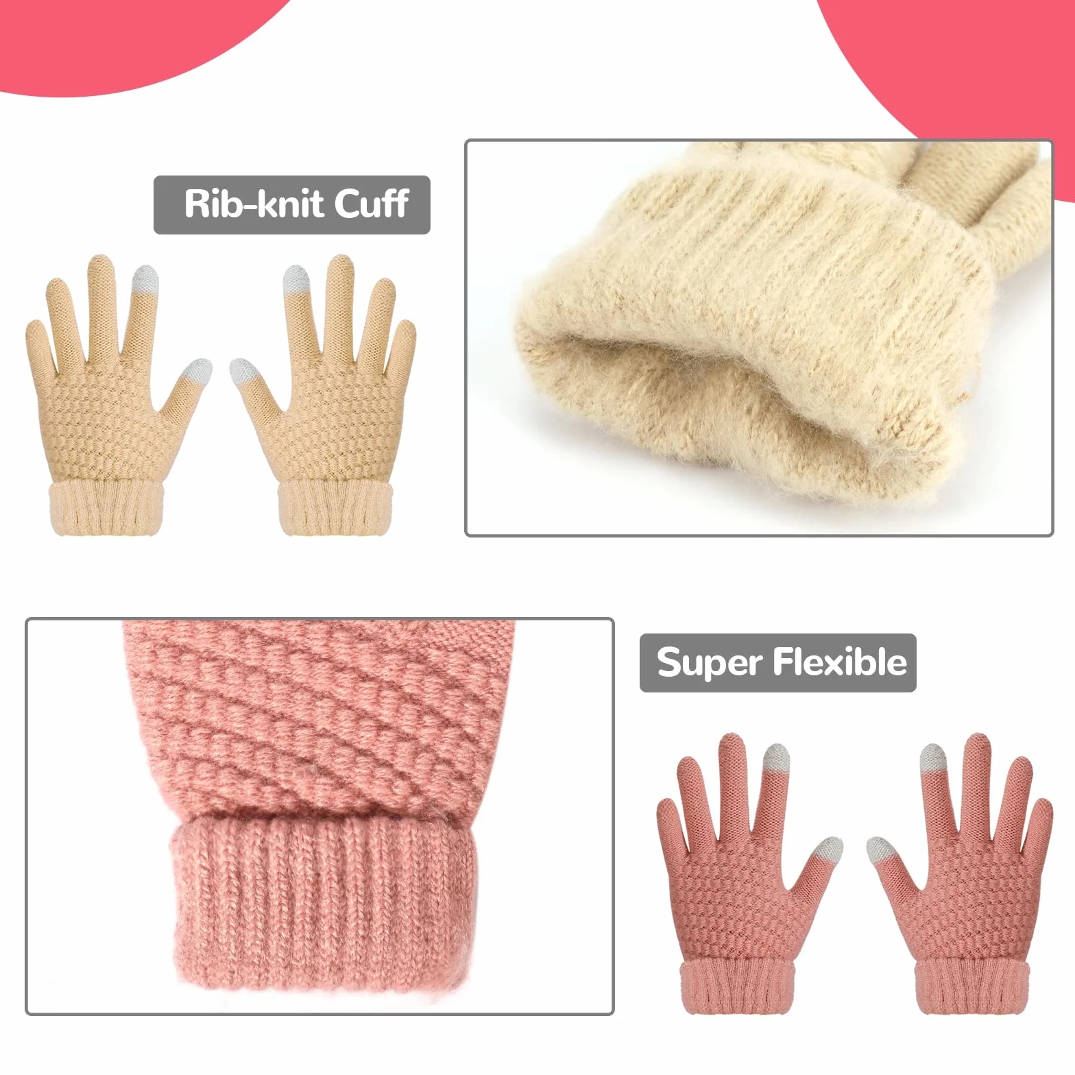 TAGVO Guantes de Punto para Niños Pequeños - 3 Pares de Invierno Con Dedos Completos para 5-15 Años - Elásticos Mitones