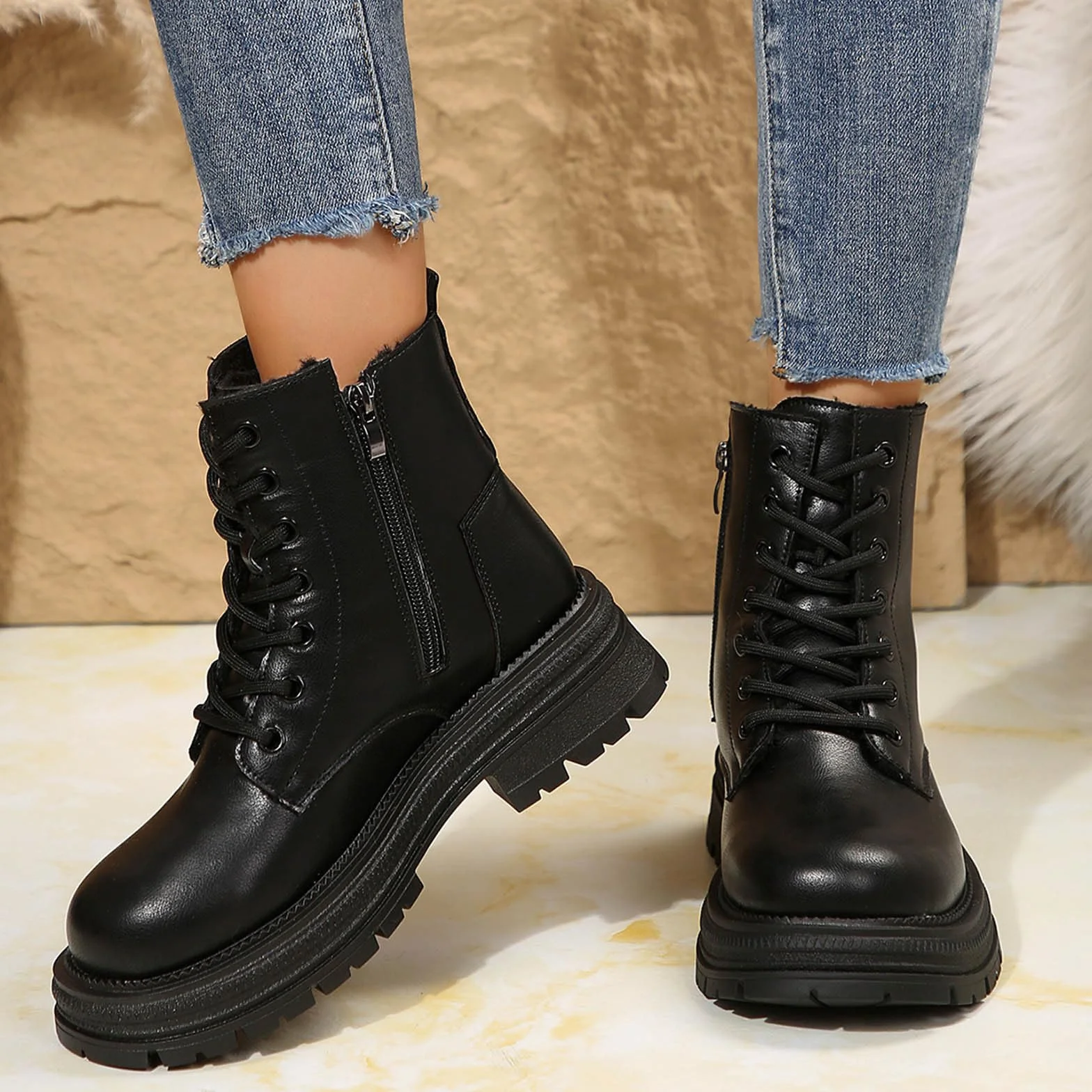 Botas de combate para mujer con cordones, botas de combate, botas de senderismo, con cremallera, tacón de bloque, tácticas, militares, de invierno, plataforma, zapatos de seguridad