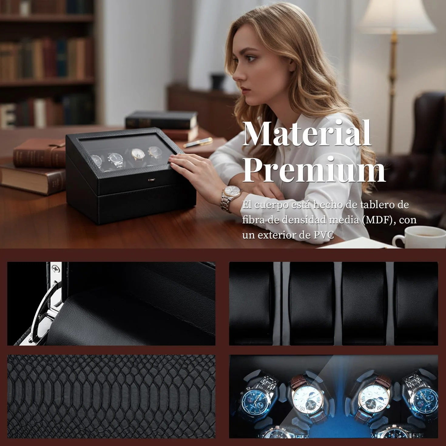 Mcbazel Automático de Relojes con Luz LED, Motor Silencioso Cajas Giratorias para Relojes 6+6 Compartimentos 4 Modos de Rotación Alimentado por USB DC, Control Independiente para Turntables | Caja MDF + piel PU Premium. 6 Enrolladores + 6 Almacenajes. Con
