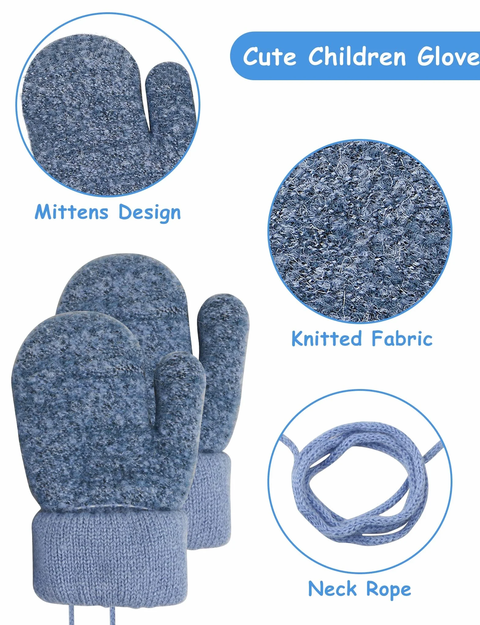 Becellen Guantes Invierno Niños Manoplas Guantes Termicos de Punto con Forro Polar Cuerda Cuello para Bebé Niños Niñas 0-3 Años
