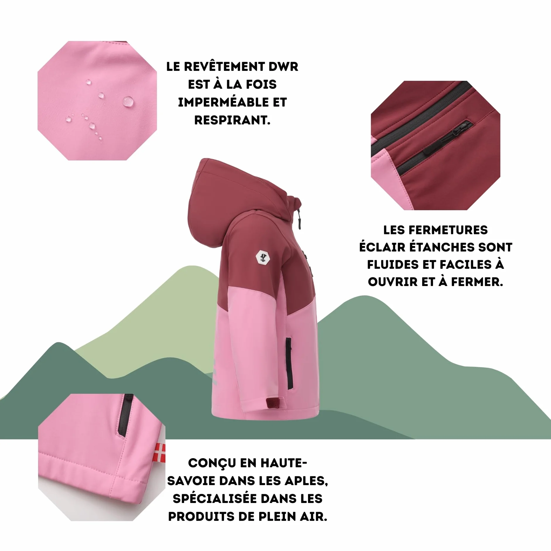 Chaqueta softshell cortavientos con capucha para niños y niñas, forro polar. Material impermeable de 5000 mm sin PFC minimizado de contaminación.