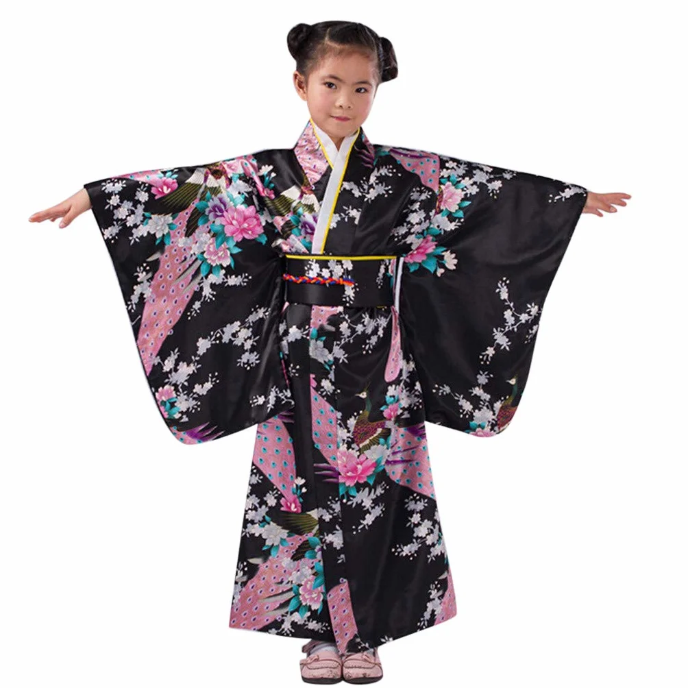Kimono tradicional japonés para niñas vestido de geisha yukata conjunto de satén