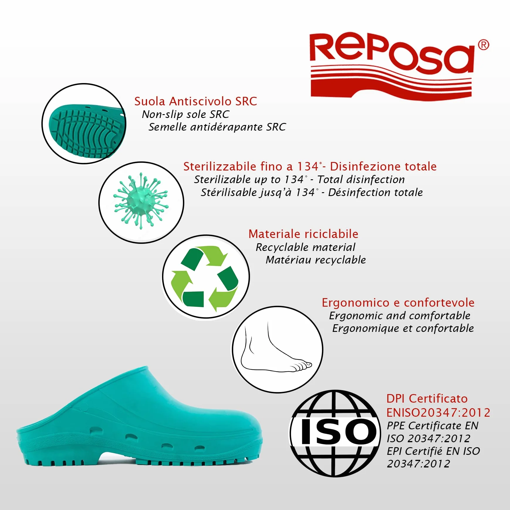 REPOSA Easy - Zuecos Sanitarios Mujer y Hombre en Goma con Suela Antideslizante SRC, Zuecos Enfermera Anatómicos sin Correa, Zapatos Sanitarios Esterilizables, Antishock y Transpirables