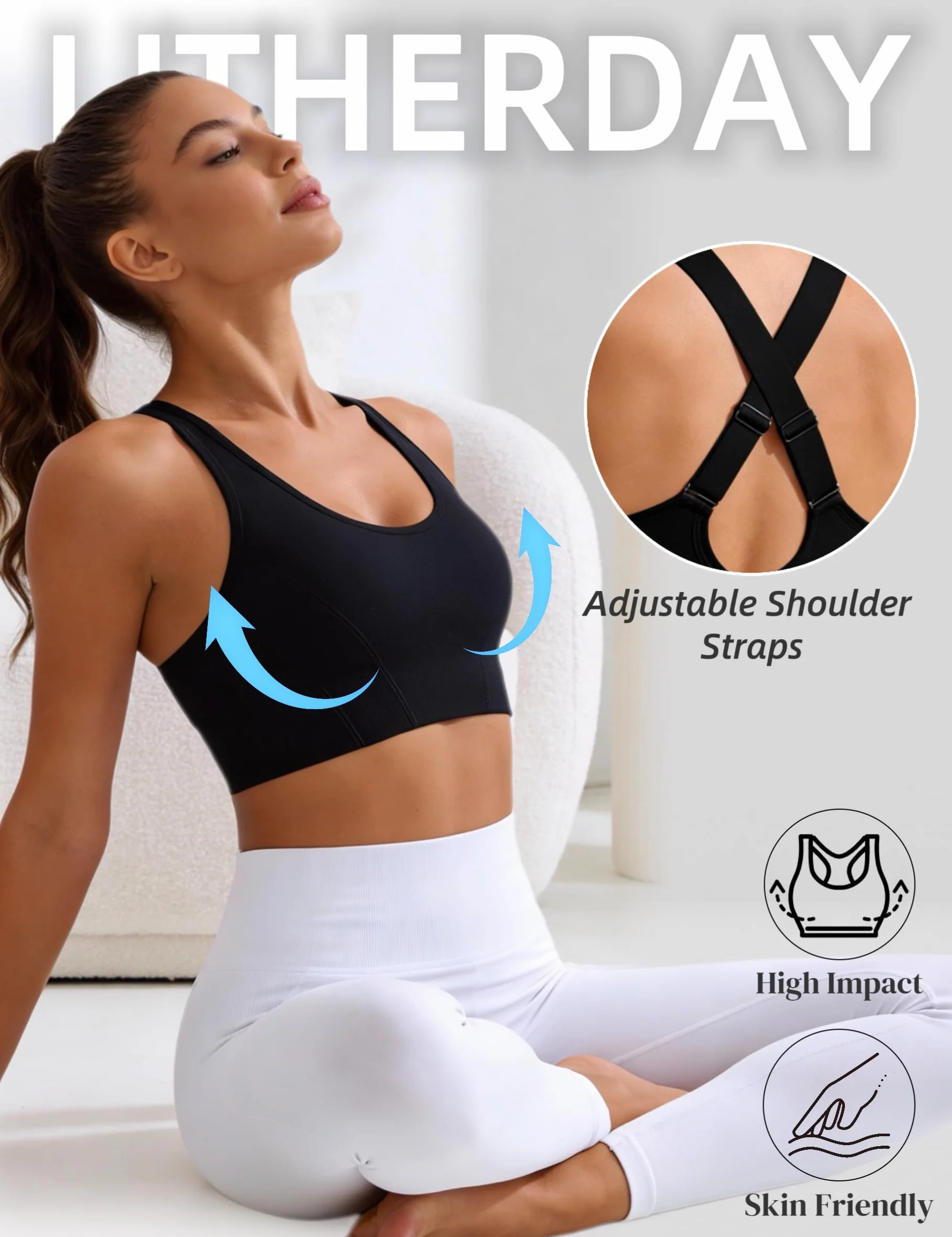 Litherday Sujetador Deportivo Mujer Alto Impacto sin Aros Espalda Cruzada Top Deportivo Yoga Fitness Push Up con Almohadillas Extraíbles S-XXL