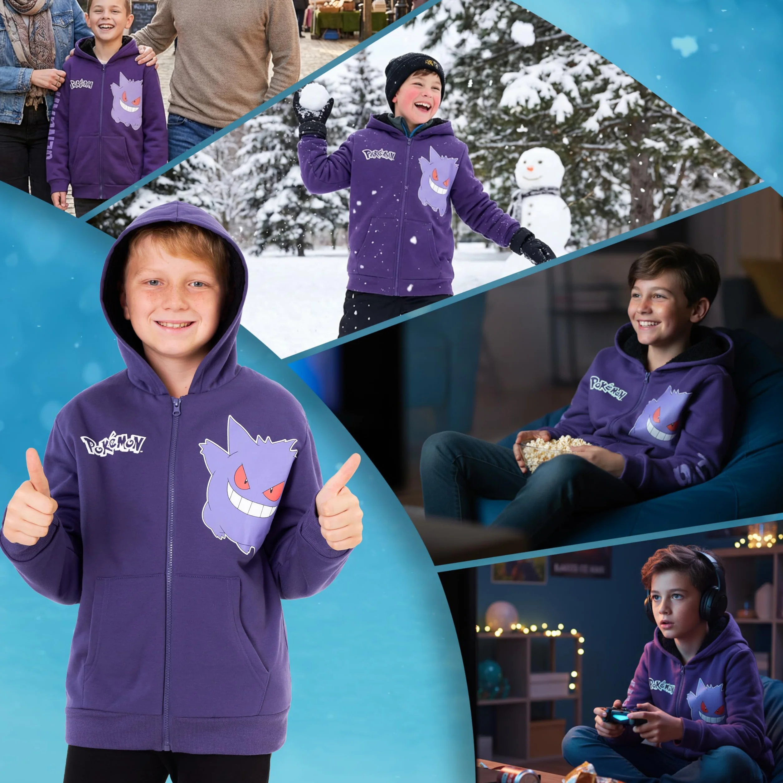 Pokémon Sudadera Cremallera Niños 7-14 Años, Pikachu Charizard Mewtwo Gengar, Chaqueta Capucha Forro Polar, Regalos Anime