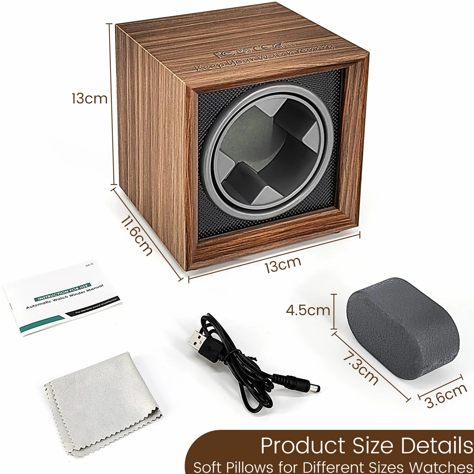 Automatic Watch Winder, Watch Winder Box Single Watch Winders for 1 Watches Self Winding Watches Shaker Spinner Wooden Watch Turner Rotator Display Case with Quiet Motor Auto Watch Turner USB Powered