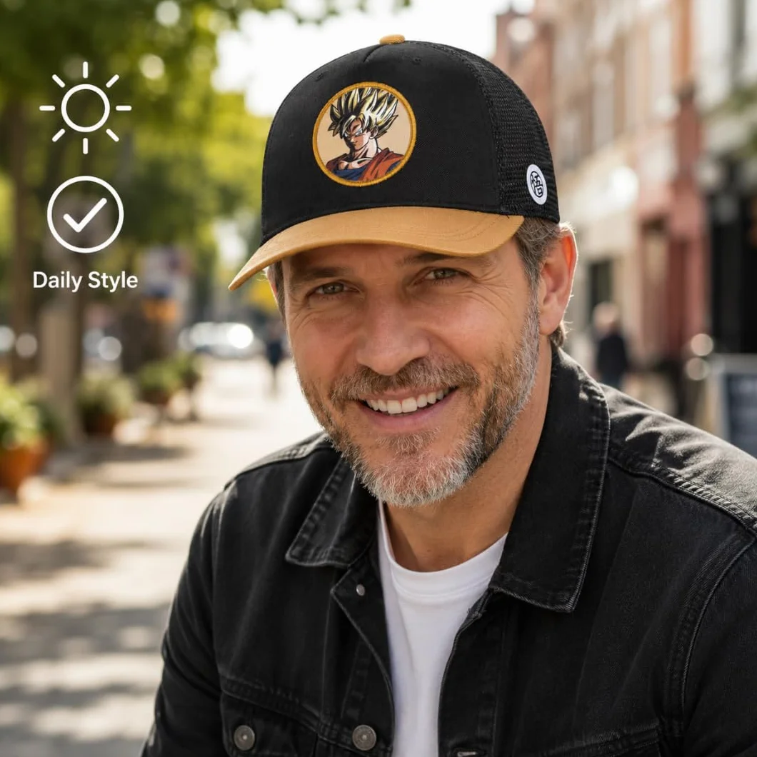 Gorra Dragon Ball Z para Niño y Juvenil, Gorra Infantil de Visera con Rejilla, Negra y Marrón, Bordados Frontal y Lateral, Talla Única 51-54 Centimetros