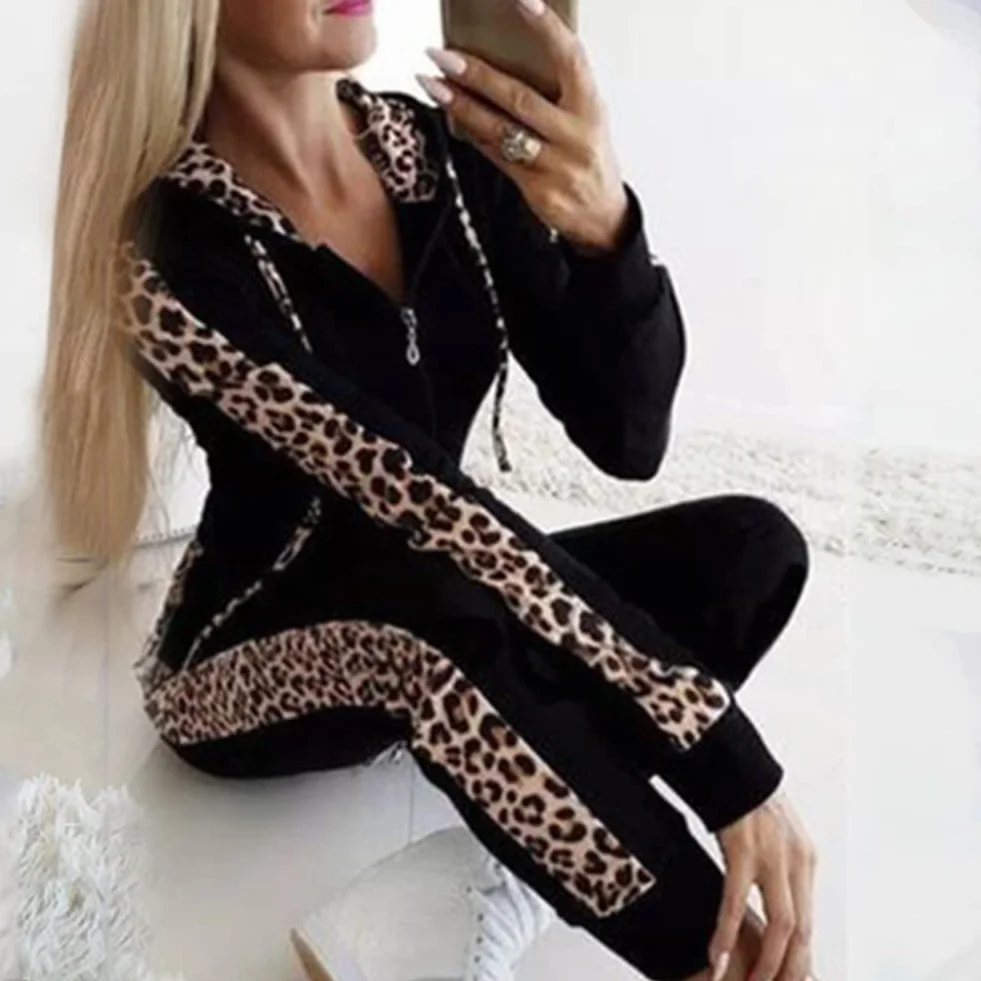 amropi Mujer Leopardo Conjunto de Ropa Chandal con Capucha Tops y Pantalones Deportivos Señoras 2 Piezas Set