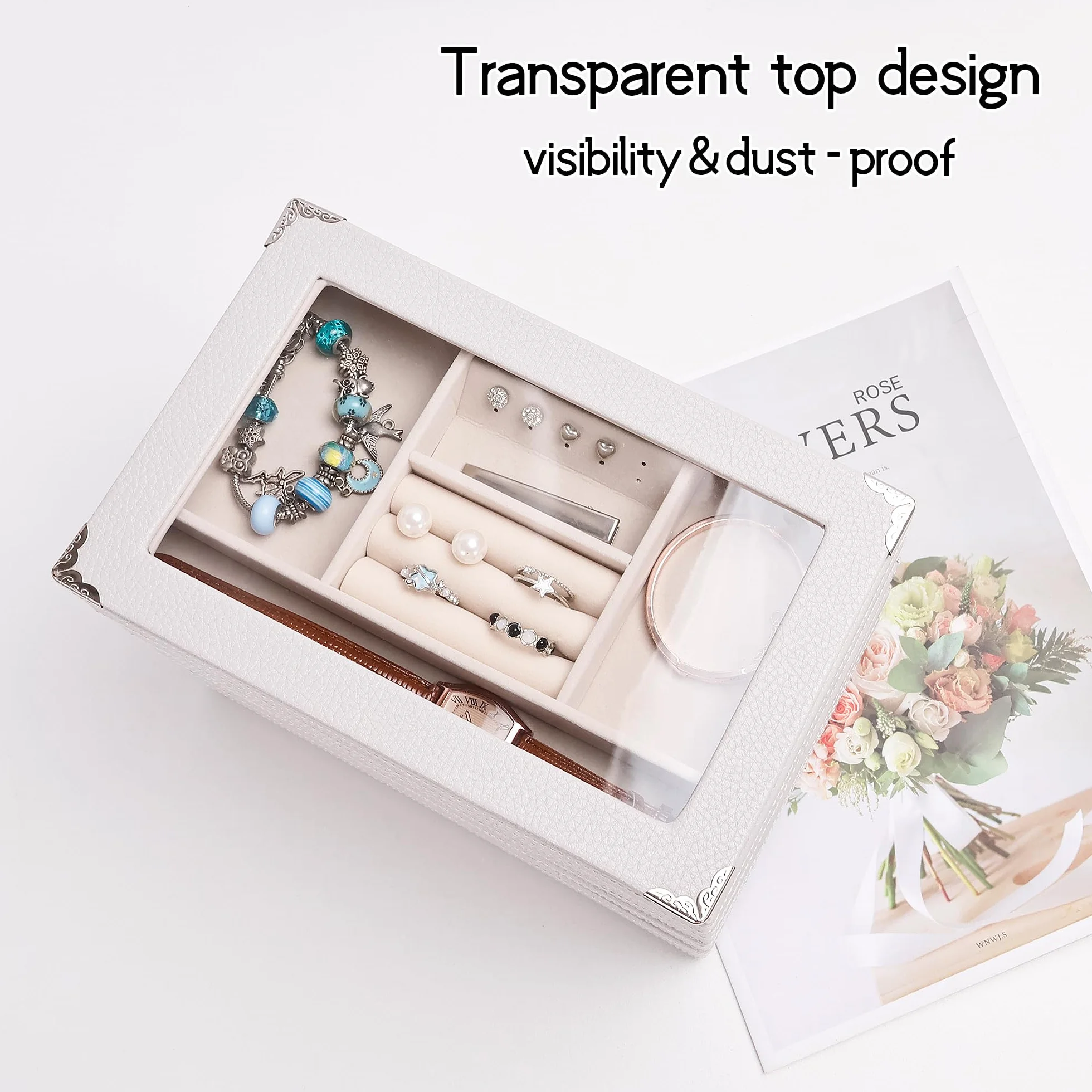 Bandeja organizadora de joyas apilable de 5 capas con tapa transparente, bandeja de exhibición de joyas para cajón, joyero grande para tocador (gris claro, Cinco capas de tapa de separación)