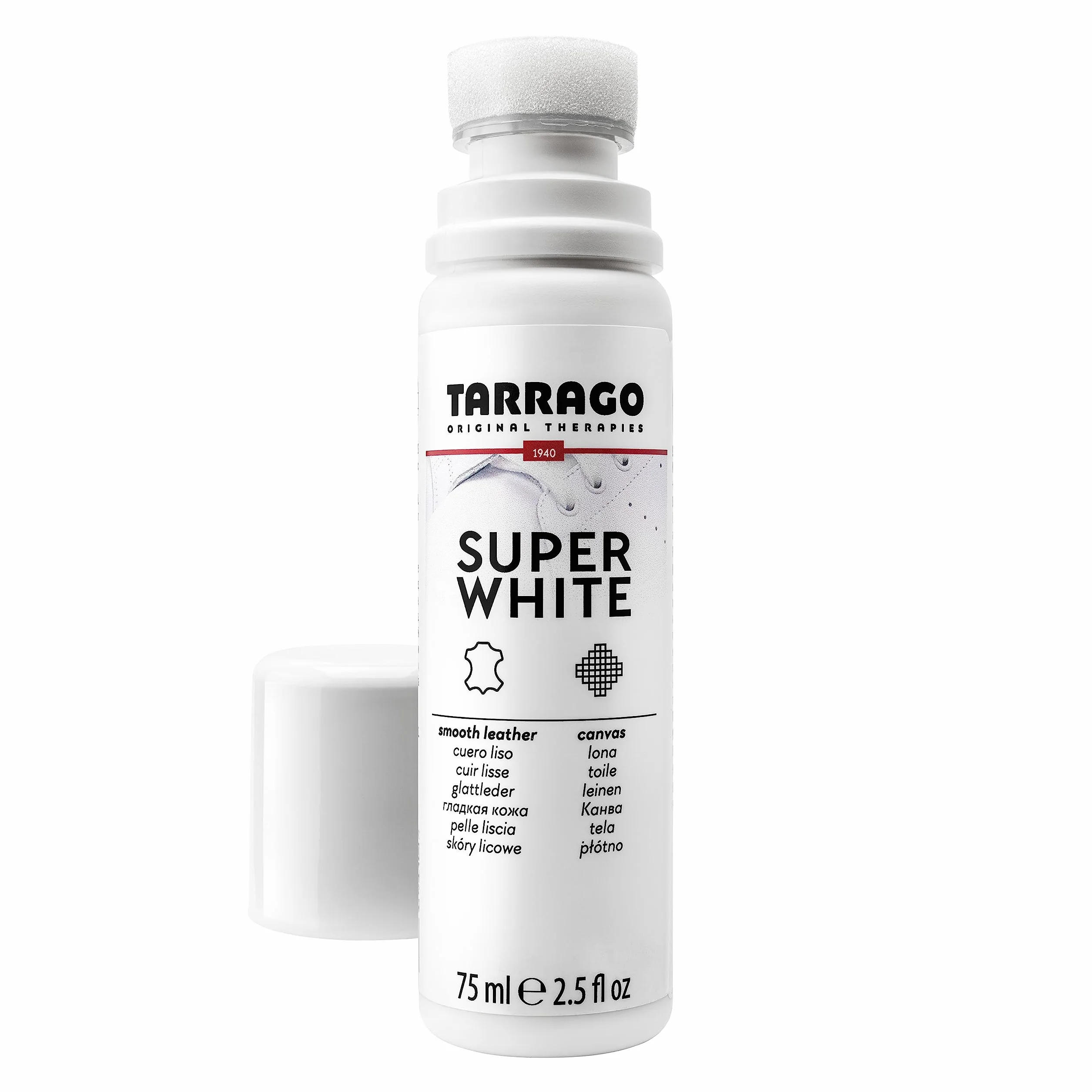 Tarrago Super White 75 ml | Blanqueador para Calzado | Apto para cualquier Superficie: Cuero, Piel Lisa, Piel Sintética y Lona | Para Zapatos y Zapatillas