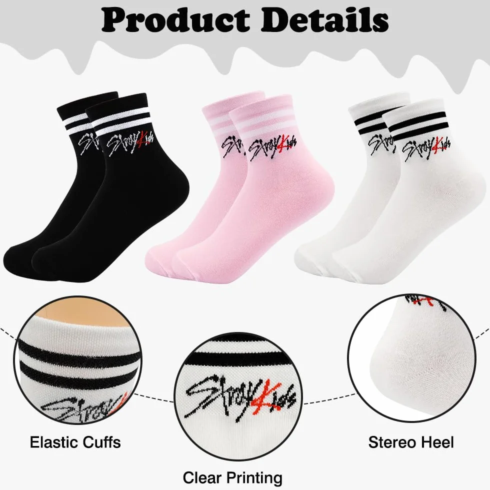 3 pares Stray calcetines, punto algodón, calcetines deportivos cálidos con 1 pegatina SKZ 3D y 2 tarjetas fotográficas SKZ, artículos regalo set para fanáticos de Stray para Stay