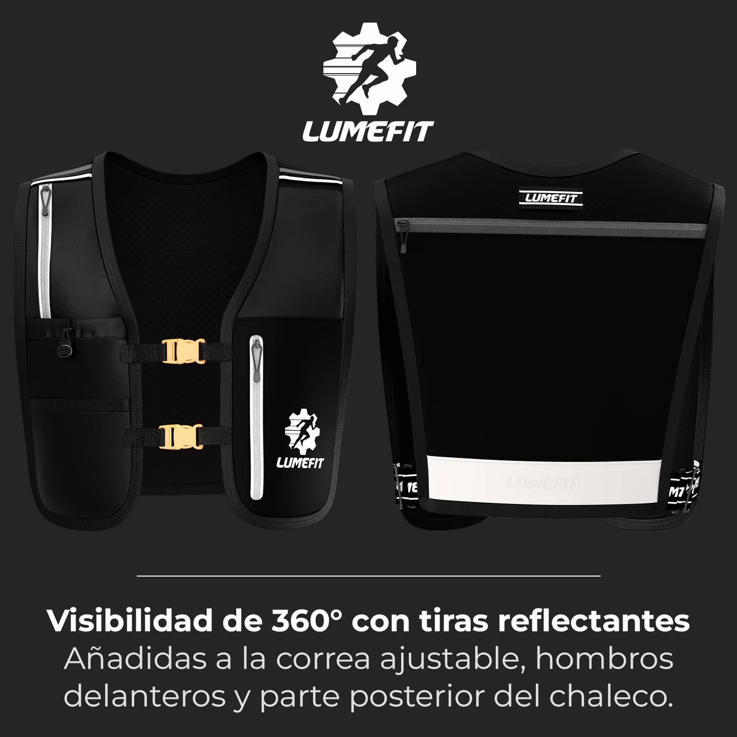 LUMEFIT Chaleco Running Mochila Hidratacion Trail Running con Soporte para Teléfono - 6 Bolsillos y Botella 500ml, Reflectante - Ideal para Senderismo, Maratón, Escalada - para Hombres y Mujeres