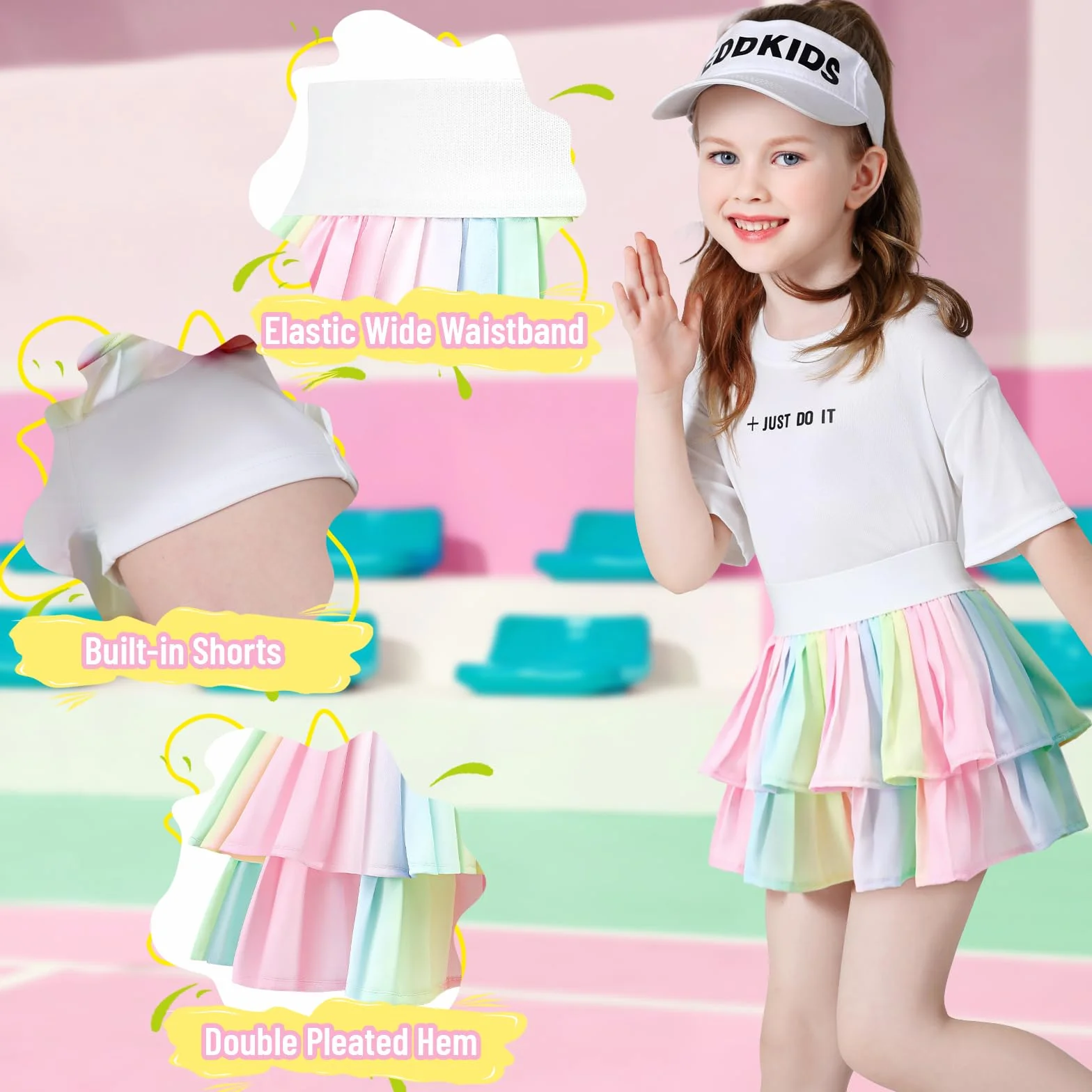 Falda de tenis para niñas con pantalones cortos, falda atlética plisada con bolsillos, cintura alta, falda de animadora para niños, Arco iris, 5-7 Años