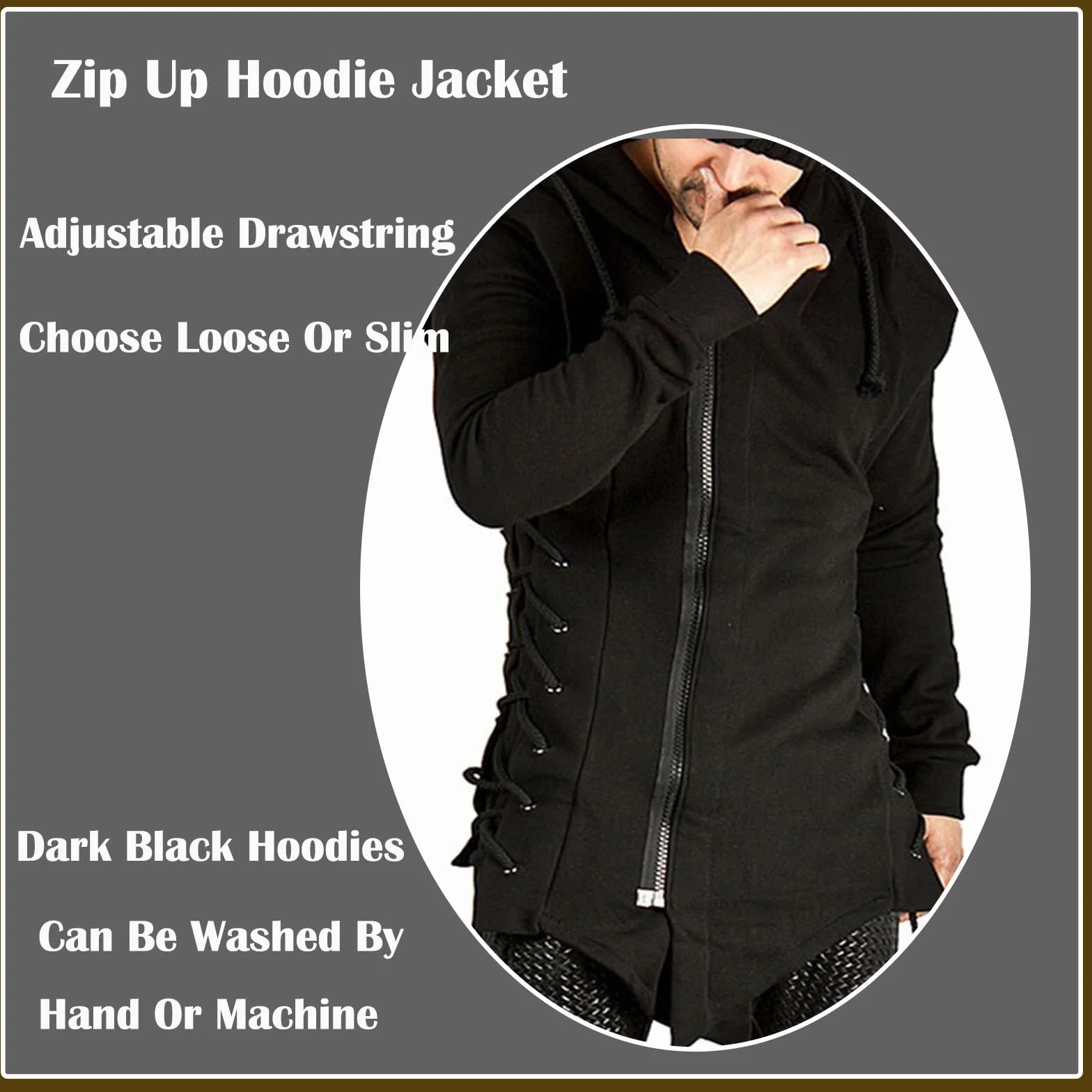 JMSUN Assassin - Sudadera con capucha para hombre, estilo gótico, asimétrico, cremallera lateral, con cordones laterales, forro polar