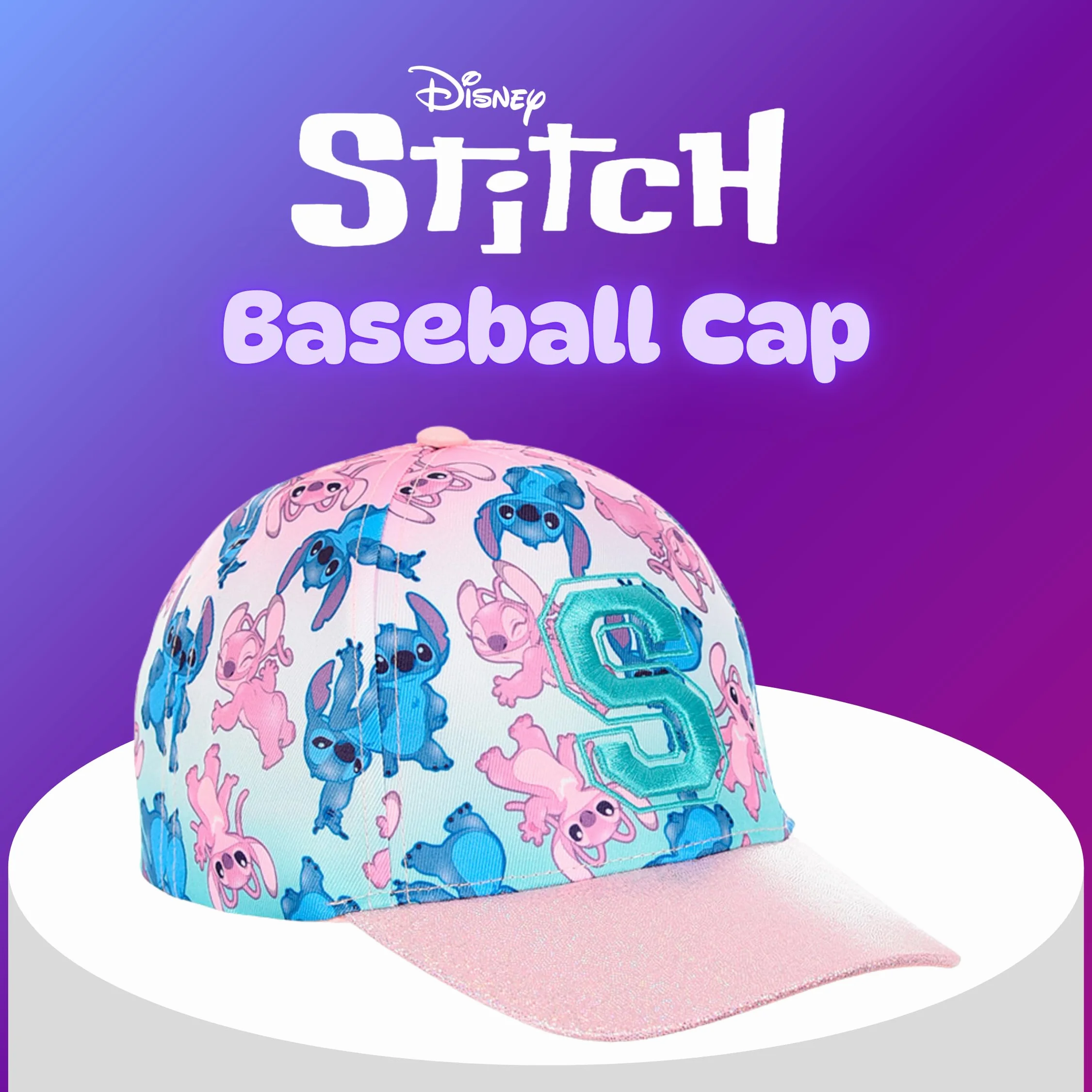 Disney Stitch y Angel Gorro para Niñas, Gorra de Beisbol Purpurina 3D, Gorra de Verano Infantil