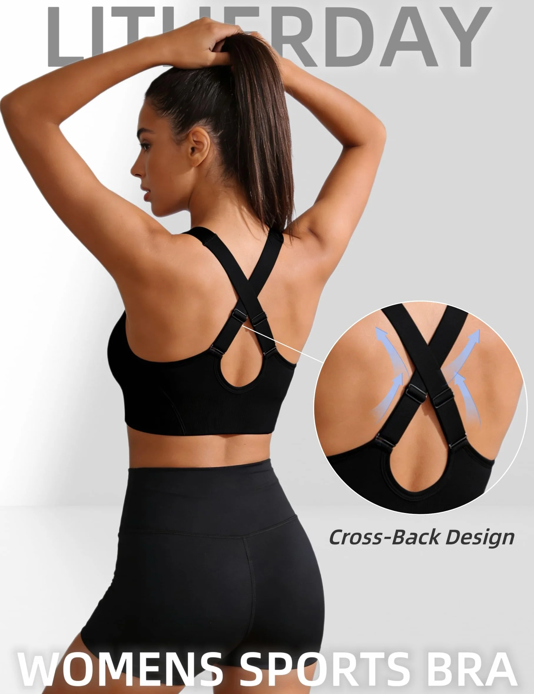 Litherday Sujetador Deportivo Mujer Alto Impacto sin Aros Espalda Cruzada Top Deportivo Yoga Fitness Push Up con Almohadillas Extraíbles S-XXL