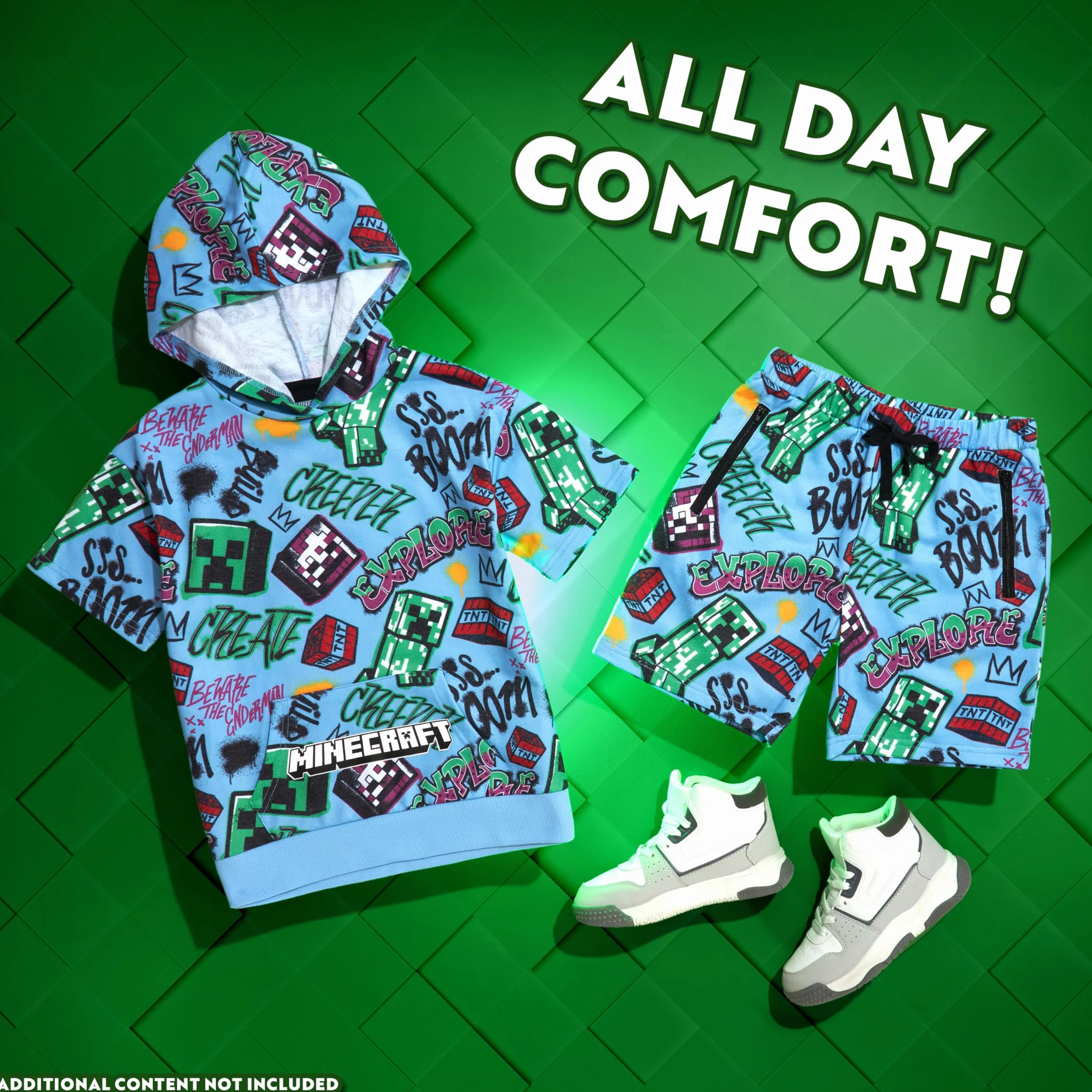 Minecraft Conjunto de 2 piezas de sudadera con capucha y pantalones cortos para niños y adolescentes, de manga corta, con capucha, bolsillos con cremallera, ropa deportiva casual